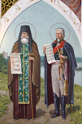 Св. праведный воин Феодор и преподобный Феодор Санаксарский. Роспись в часовне Югской иконы Божией Матери, г. Рыбинск, 2022 г.