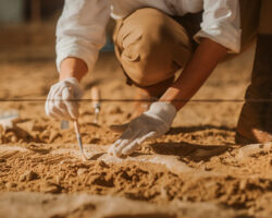 PaleontologistCleaningTyrannosaurusDinosaurSkeletonWithBrushesArcheologistsDiscoverFossil