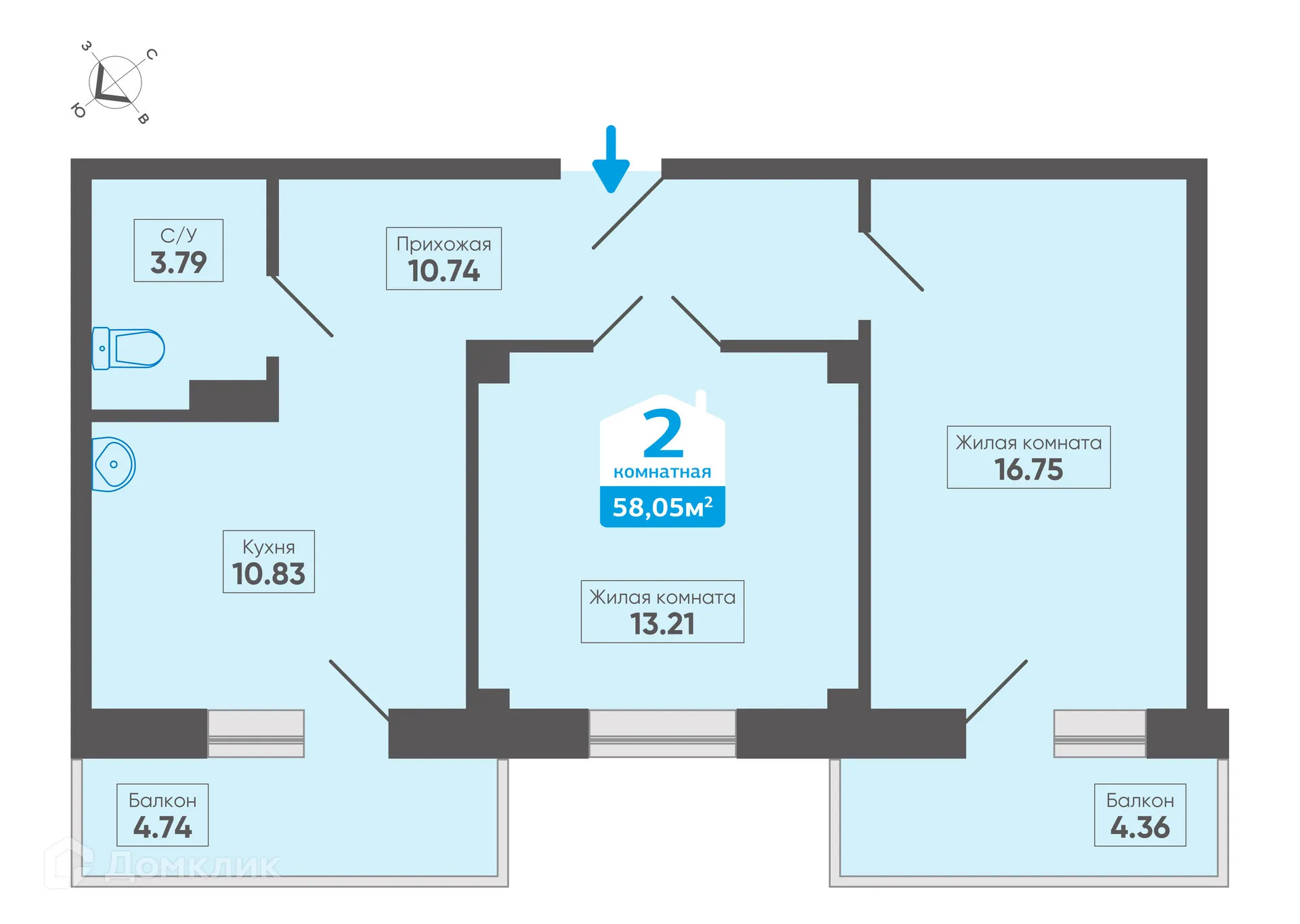 Планировка 2-комнатной квартиры 58.05 м² в ЖК Микрорайон 8, д. 14, корпус Б, г. Сосновоборск — фото 1