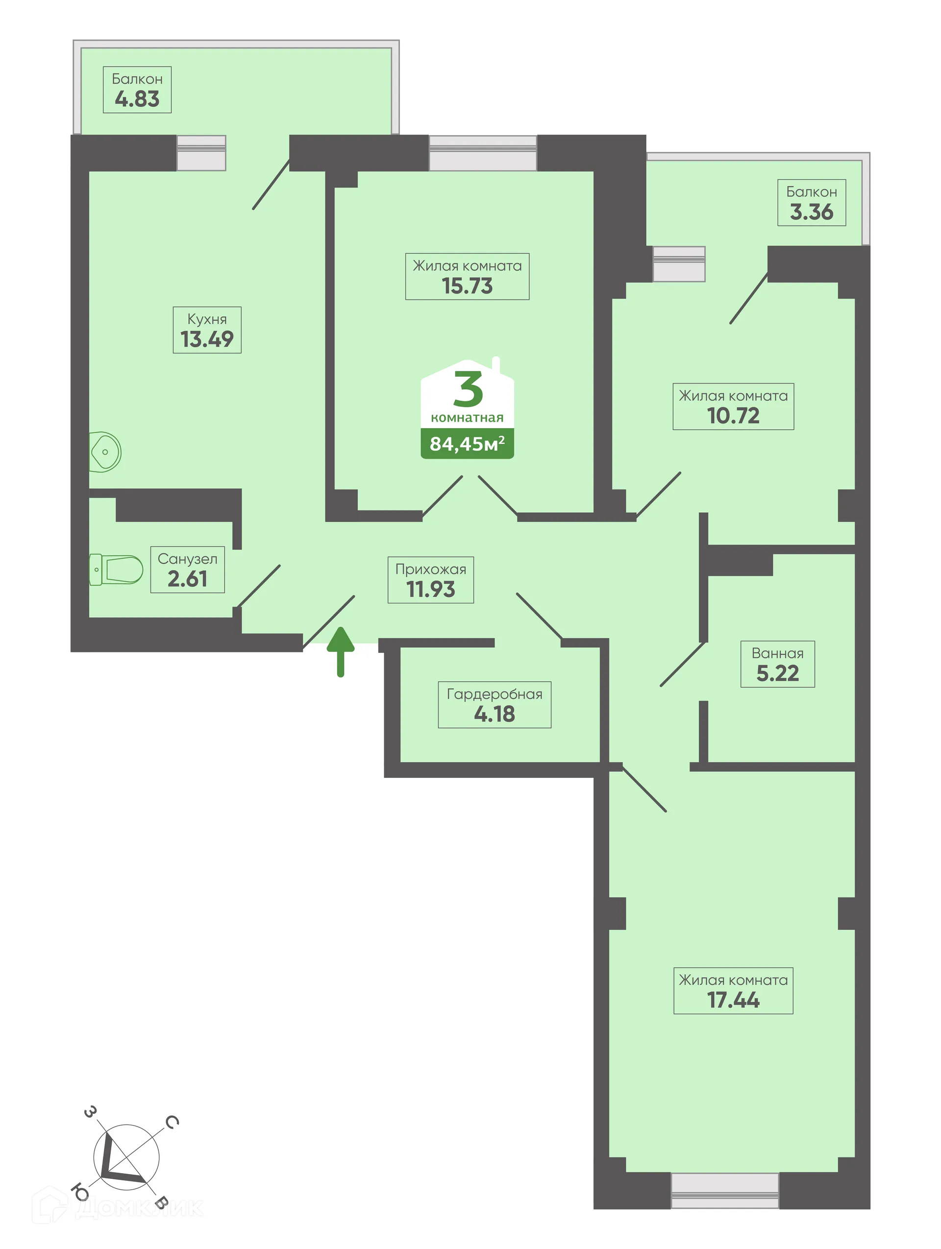 Планировка 3-комнатной квартиры 84.45 м² в ЖК Микрорайон 8, д. 14, корпус Б, г. Сосновоборск — фото 1
