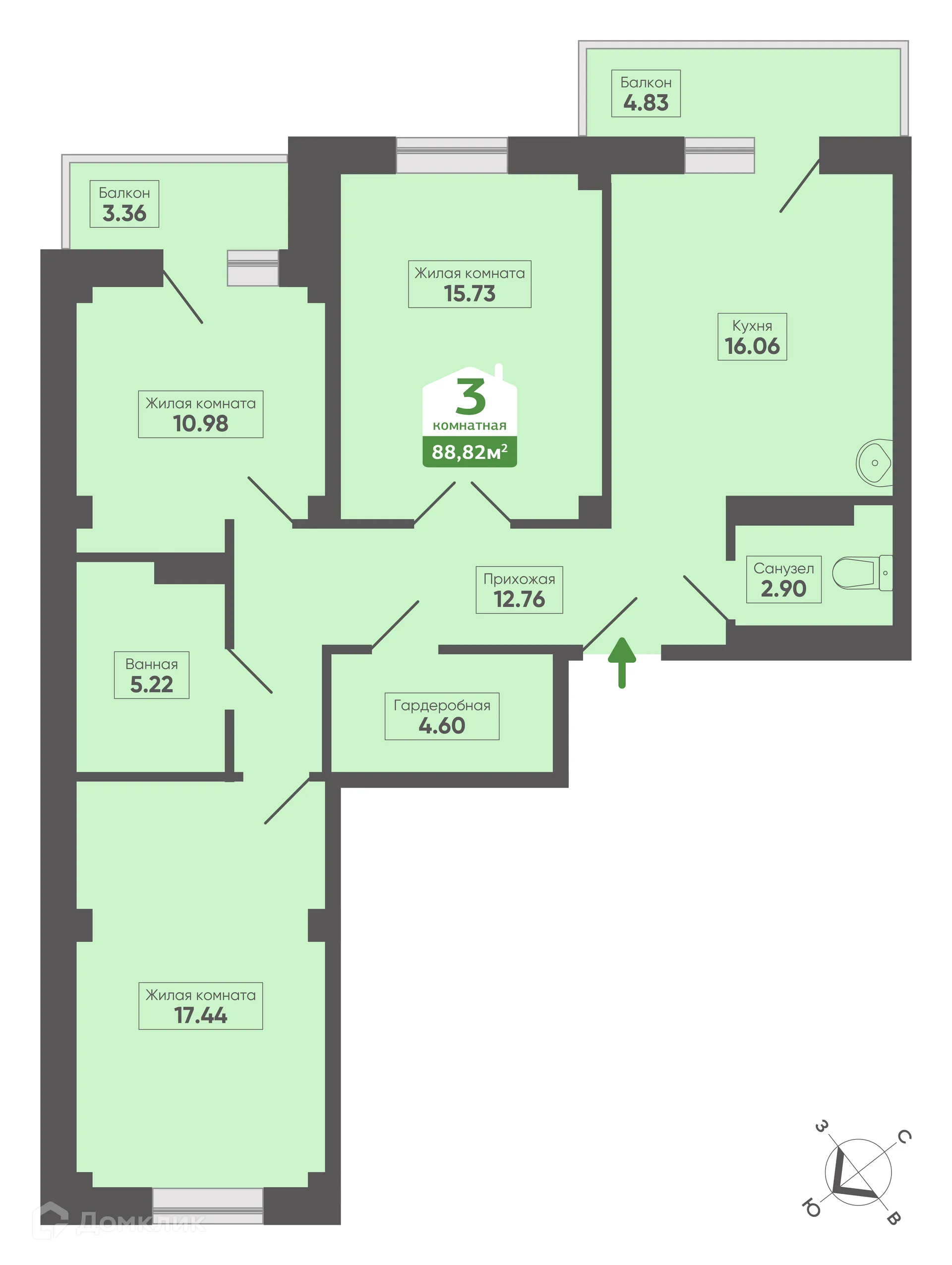 Планировка 3-комнатной квартиры 88.82 м² в ЖК Микрорайон 8, д. 14, корпус Б, г. Сосновоборск — фото 1
