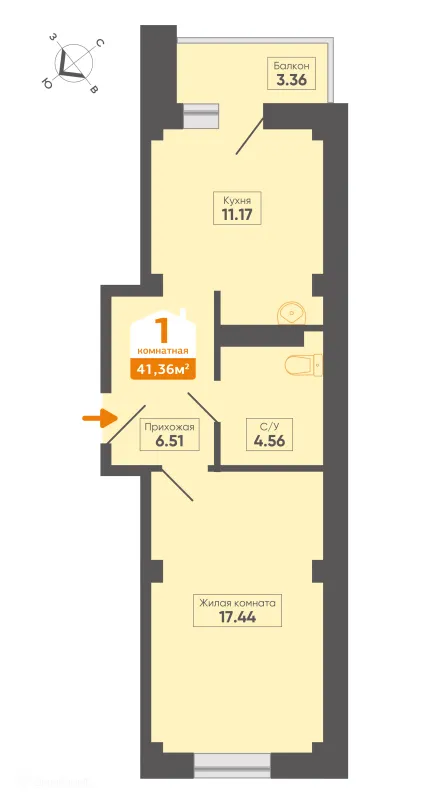 Планировка 1 комн. в ЖК Микрорайон 8, д. 14, корпус Б