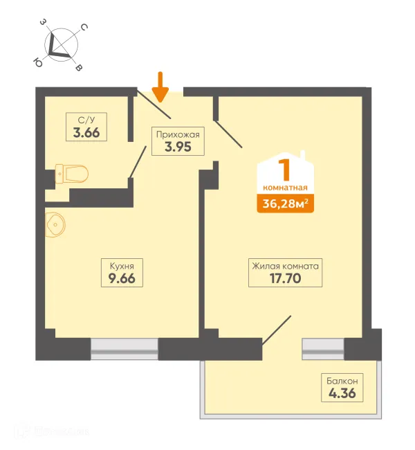 Планировка 1 комн. в ЖК Микрорайон 8, д. 14, корпус Б