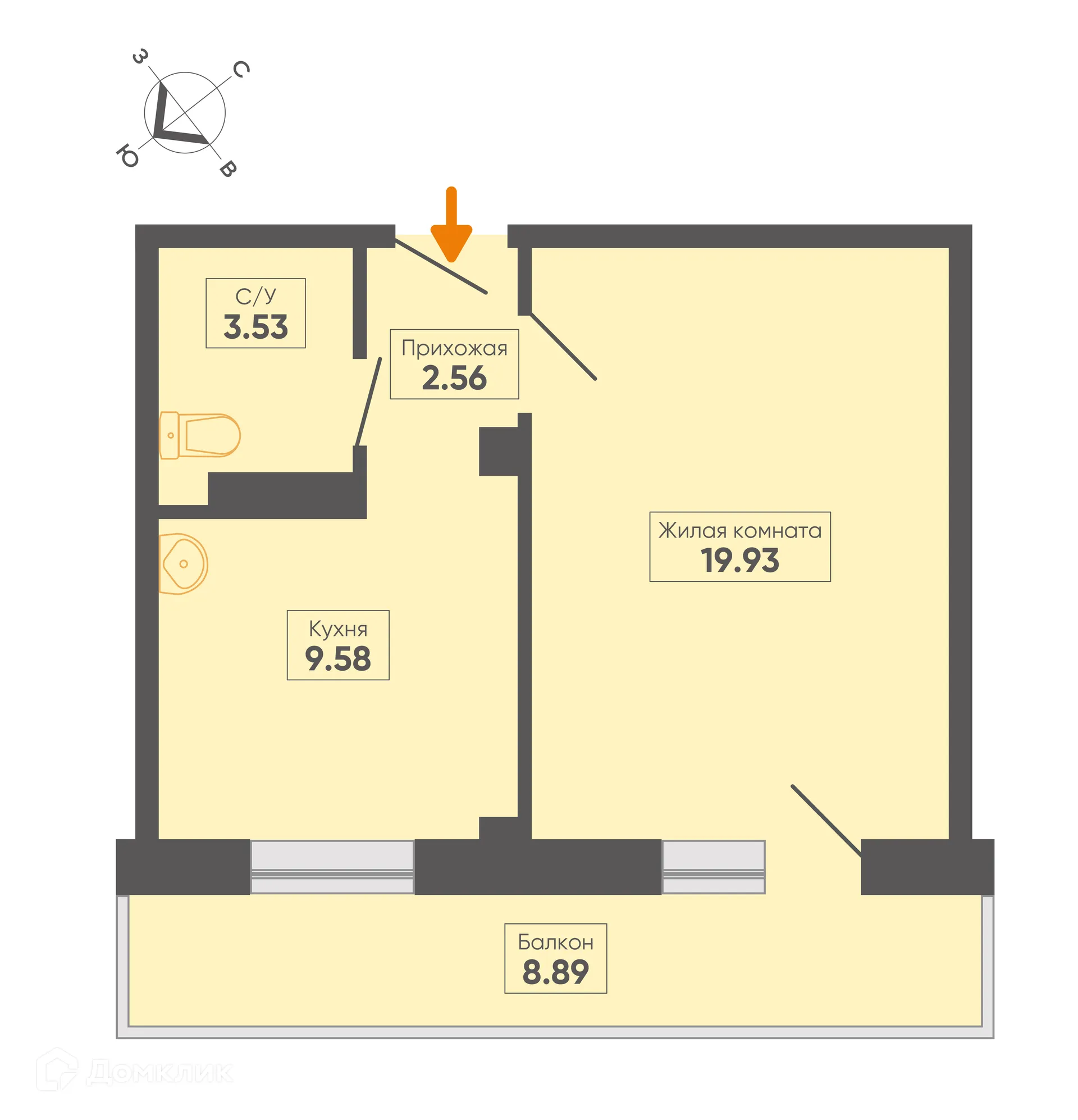 Планировка 1-комнатной квартиры 38.27 м² в ЖК Микрорайон 8, д. 14, корпус Б, г. Сосновоборск — фото 1