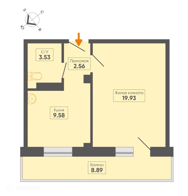 Планировка 1 комн. в ЖК Микрорайон 8, д. 14, корпус Б