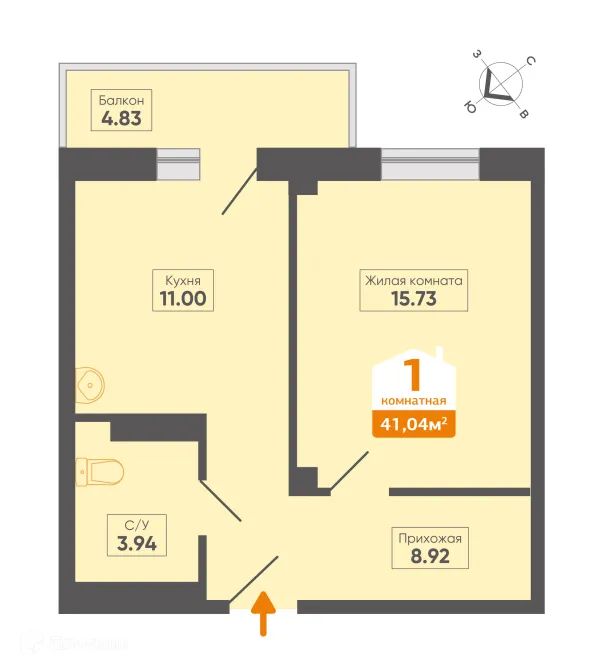 Планировка 1 комн. в ЖК Микрорайон 8, д. 14, корпус Б
