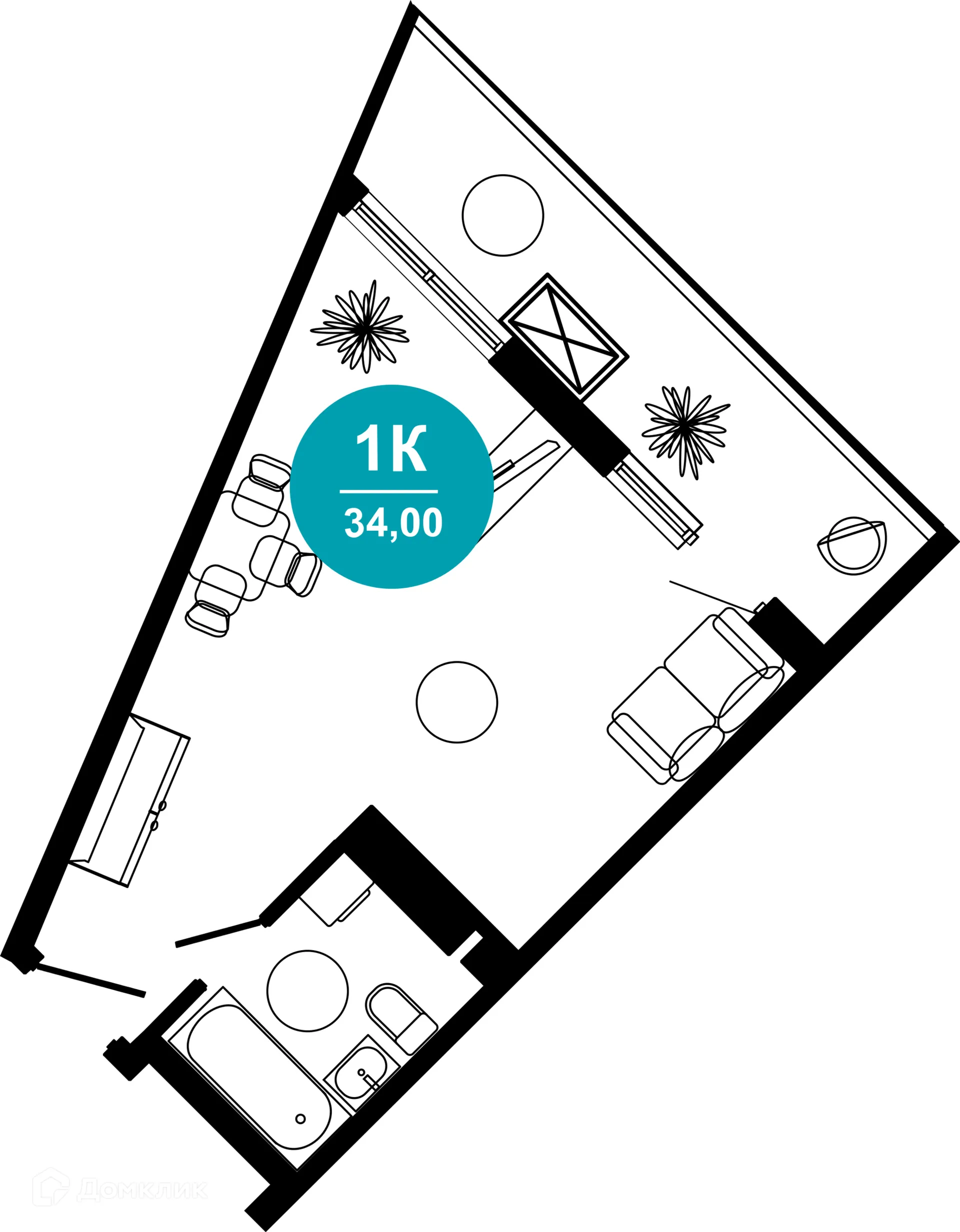 Планировка 1-комнатной квартиры 34 м² в ЖК Гостиничный комплекс "Нескучный сад", г. Сочи — фото 1