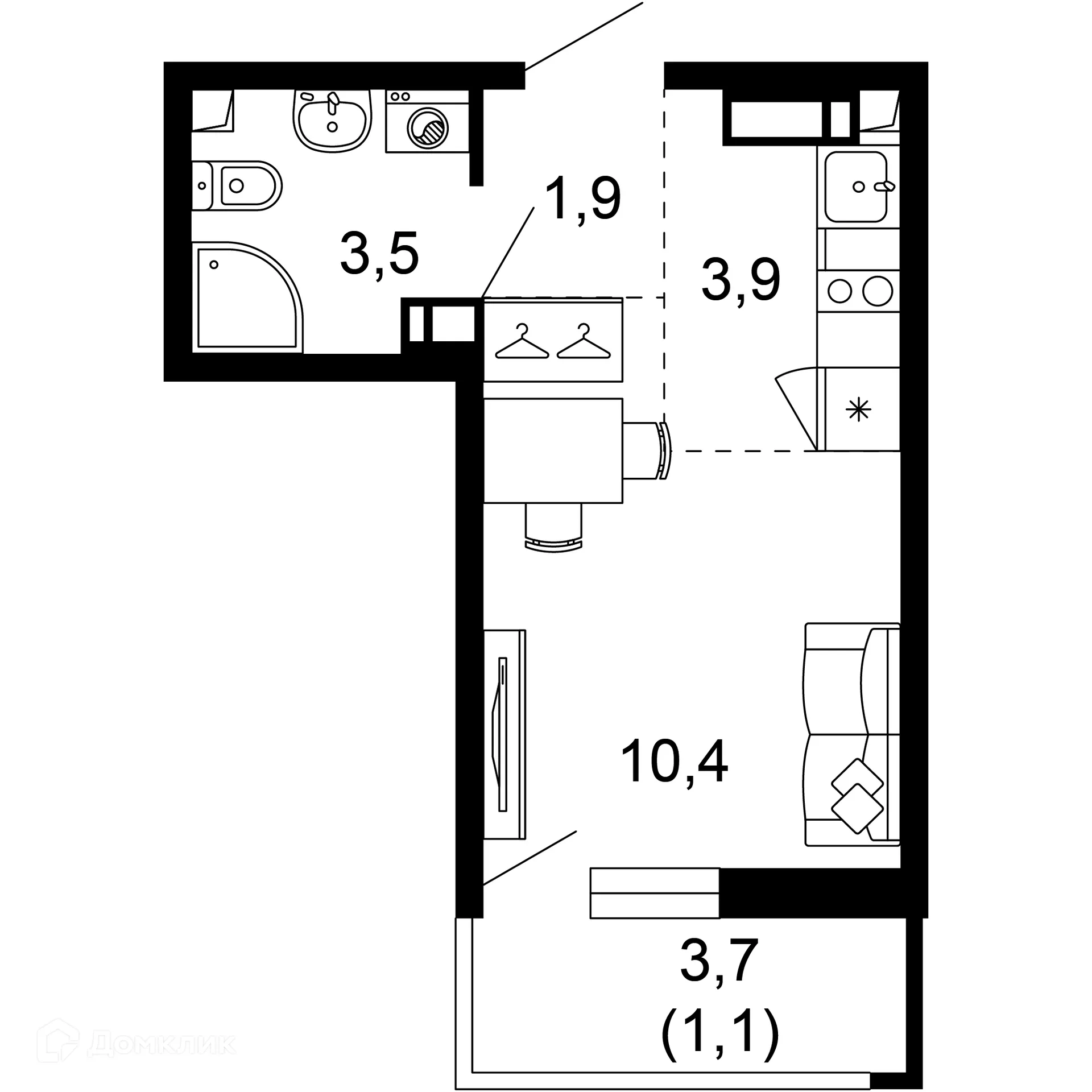 Планировка 1-комнатной квартиры 20.8 м² в ЖК Лестория, г. Сочи — фото 1