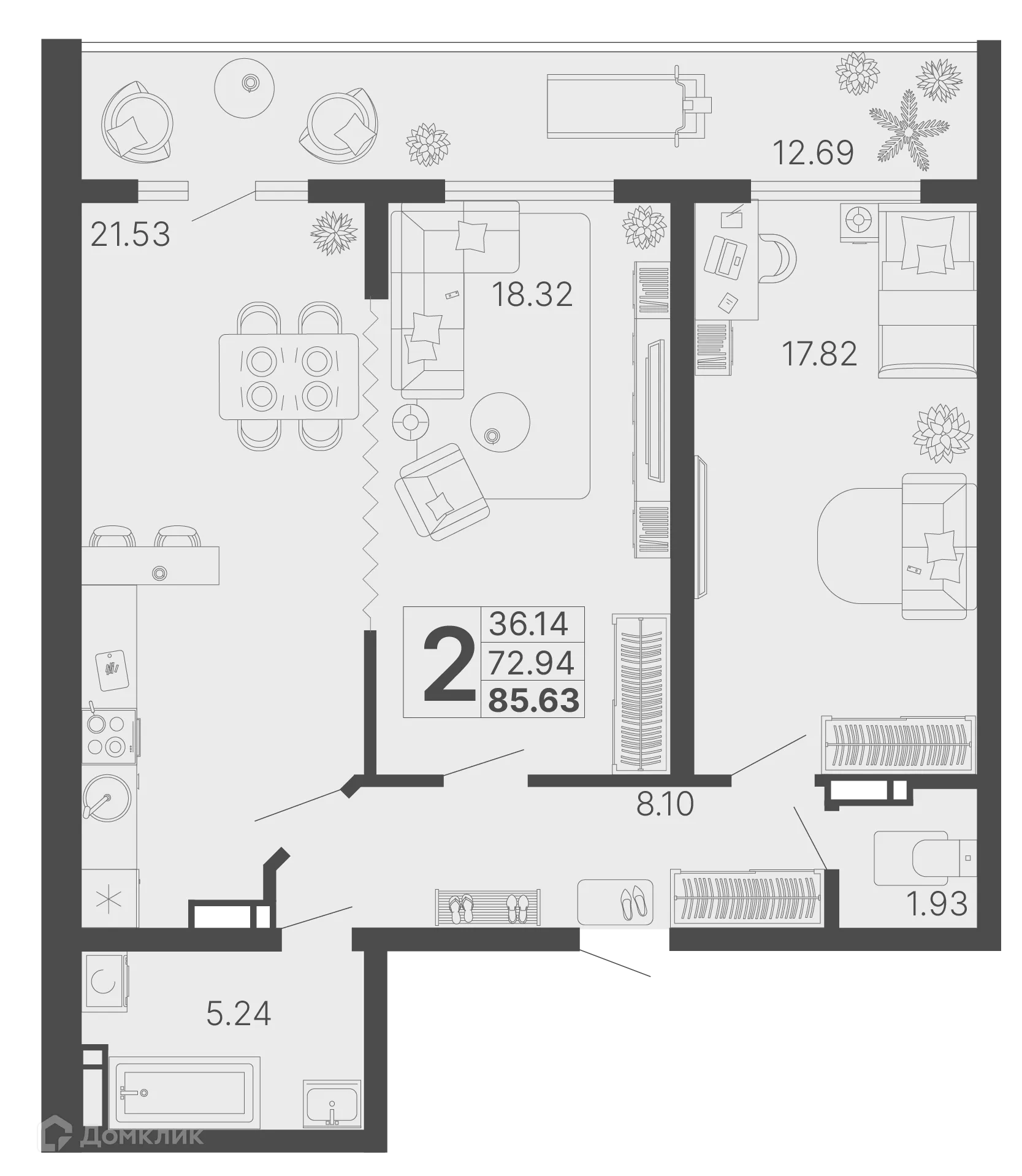 Планировка 2-комнатной квартиры 79.29 м² в ЖК Светский лес, г. Сочи — фото 1