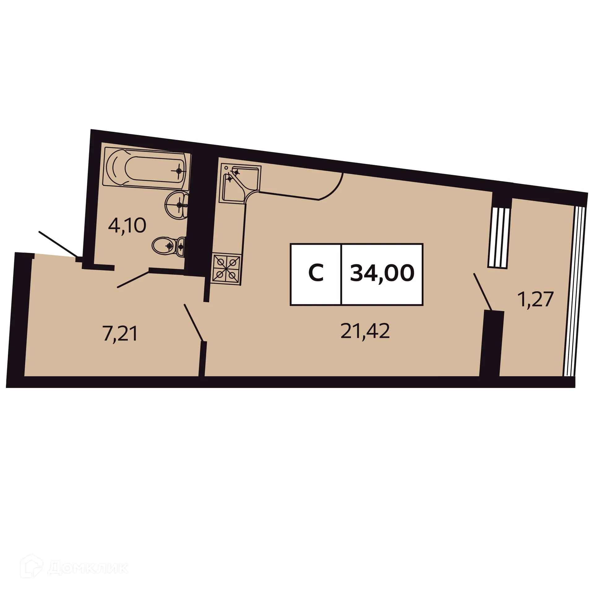 Планировка студии квартиры 34 м² в ЖК Отражение, г. Сочи — фото 1