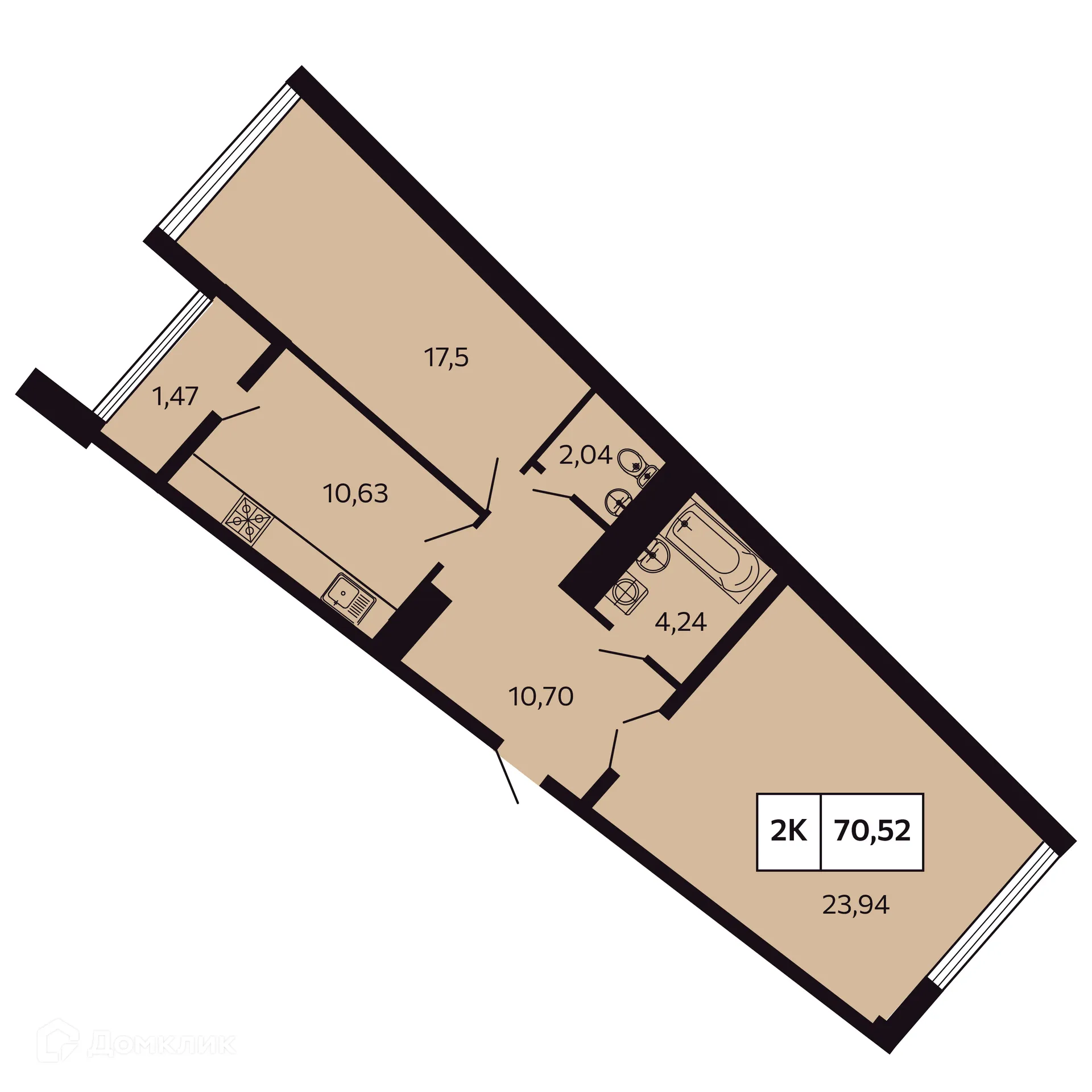 Планировка 2-комнатной квартиры 70.52 м² в ЖК Отражение, г. Сочи — фото 1