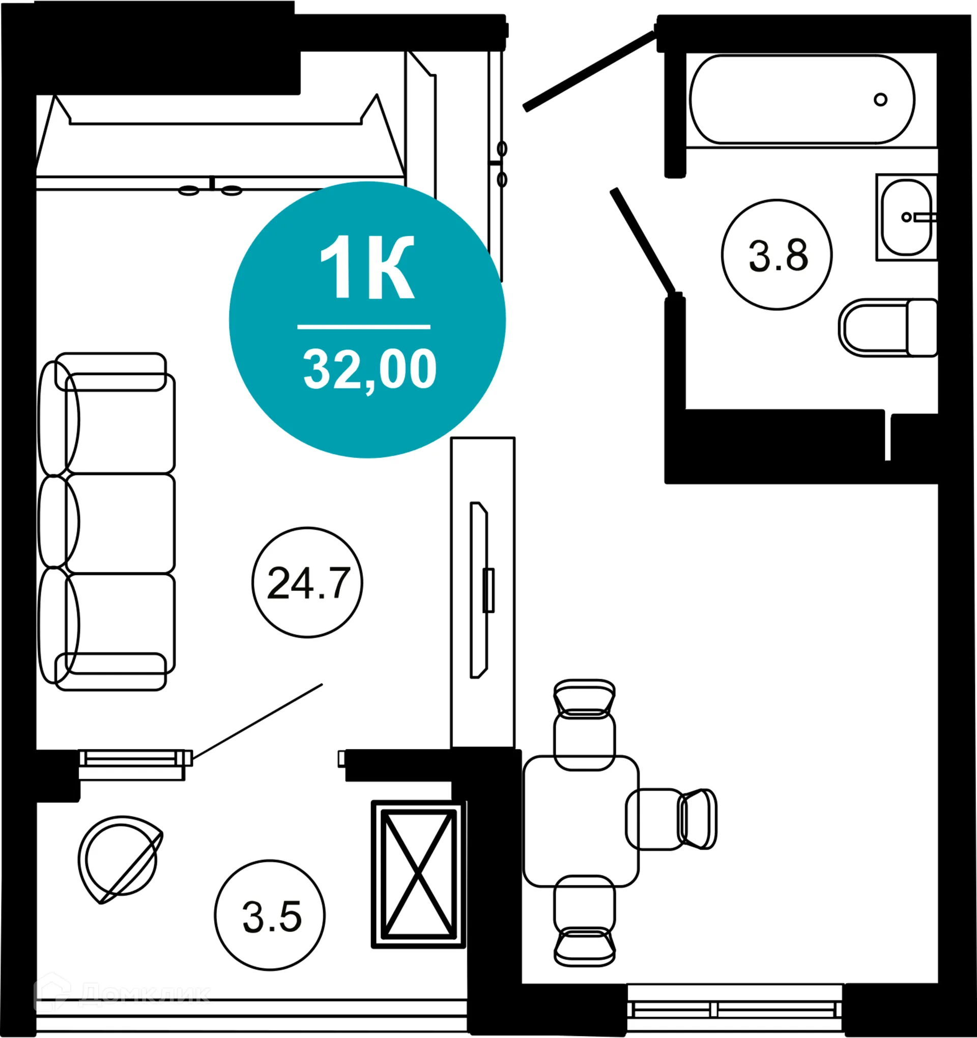 Планировка 1-комнатной квартиры 32 м² в ЖК Гостиничный комплекс "Нескучный сад", г. Сочи — фото 1