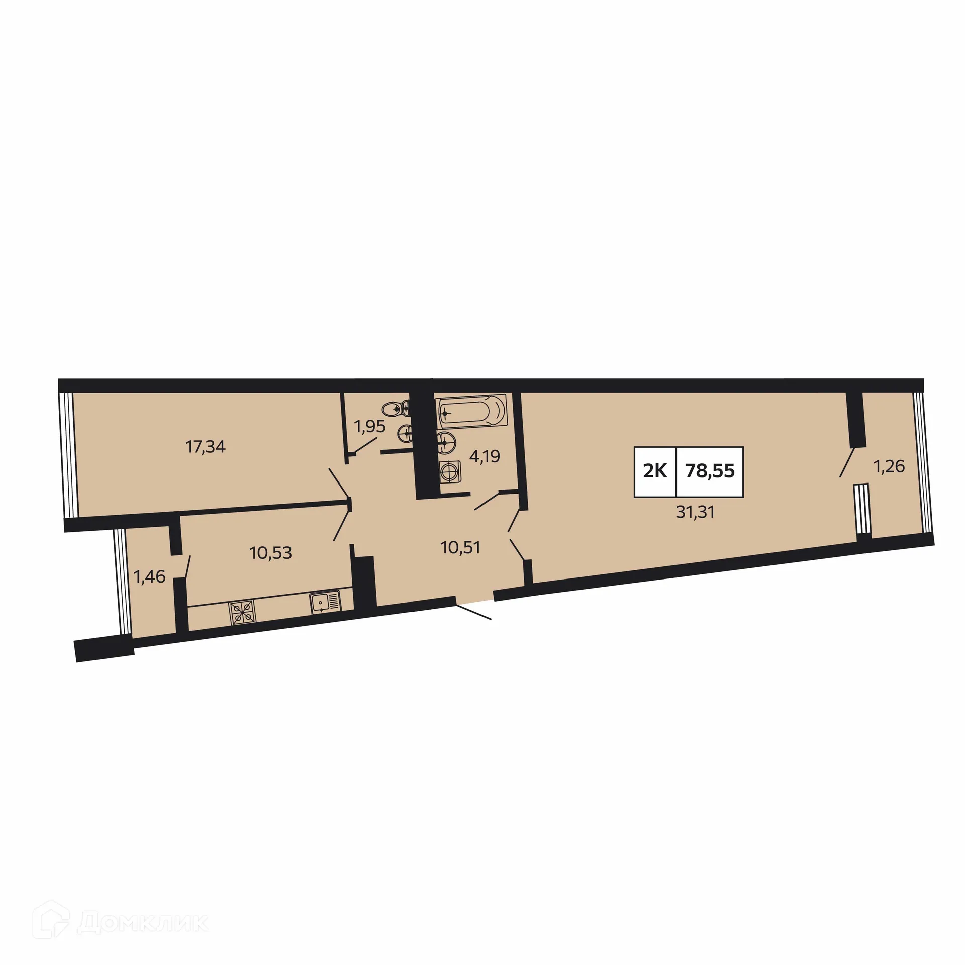 Планировка 2-комнатной квартиры 78.56 м² в ЖК Отражение, г. Сочи — фото 1