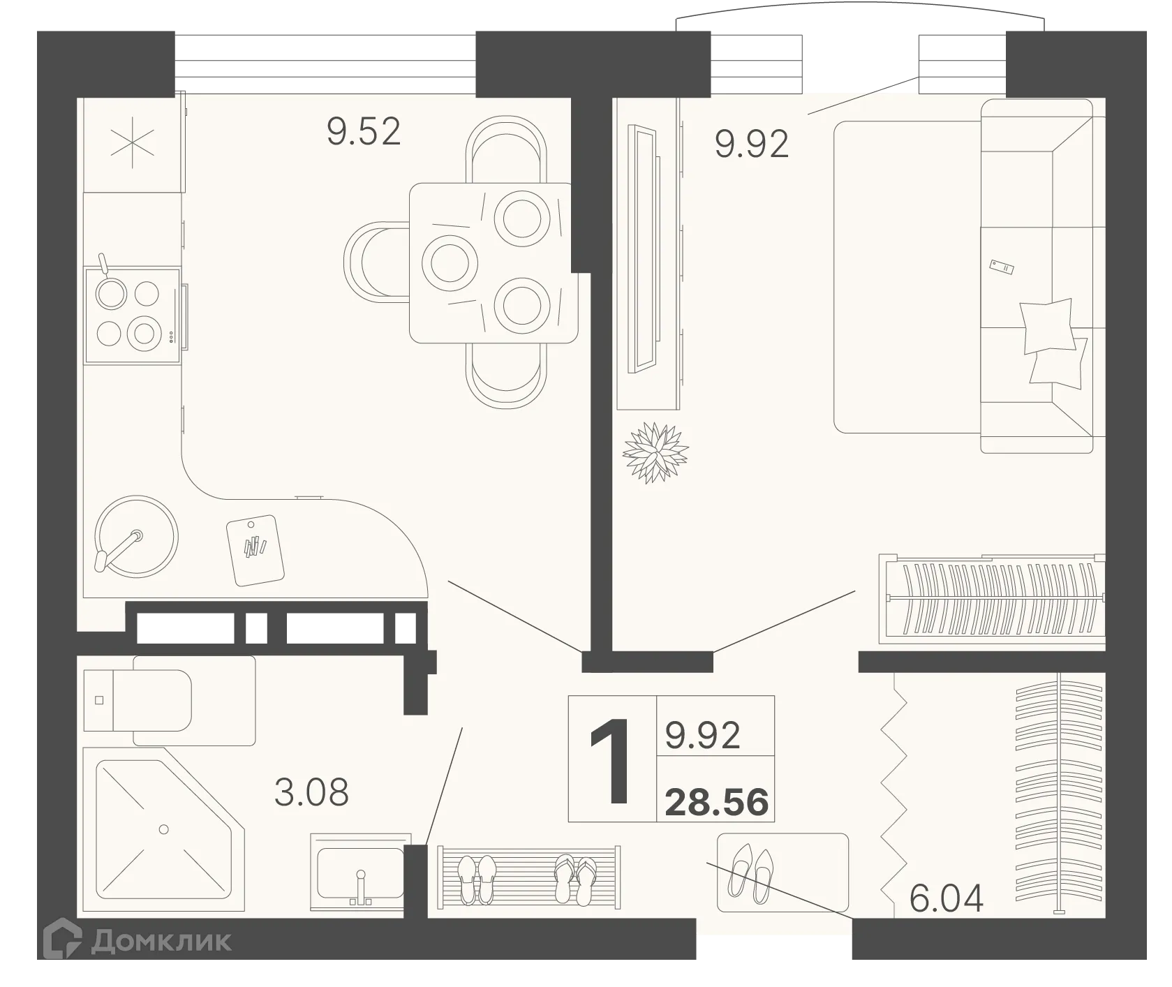 Планировка 1-комнатной квартиры 28.56 м² в ЖК Светский лес, г. Сочи — фото 1