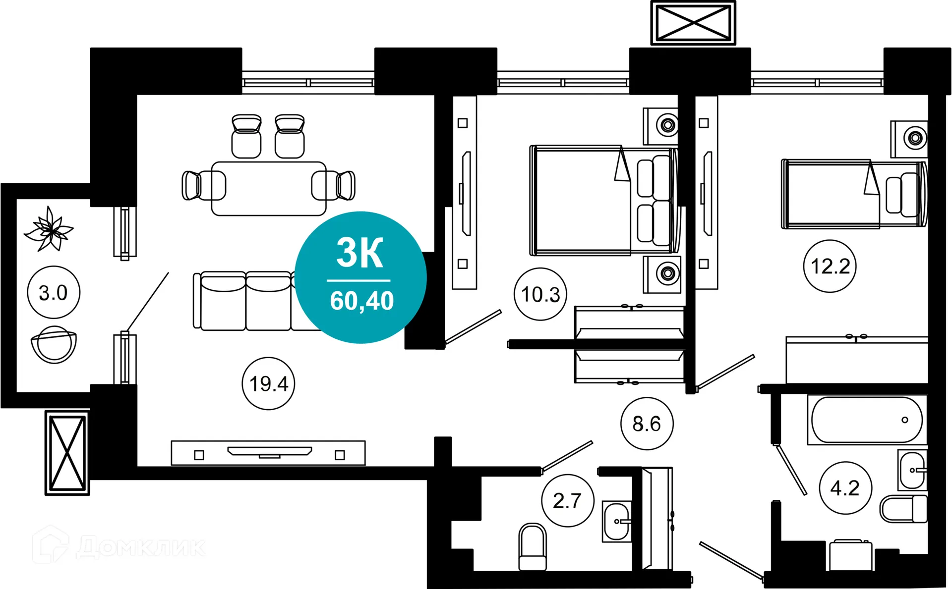 Планировка 3-комнатной квартиры 60.4 м² в ЖК Гостиничный комплекс "Нескучный сад", г. Сочи — фото 1