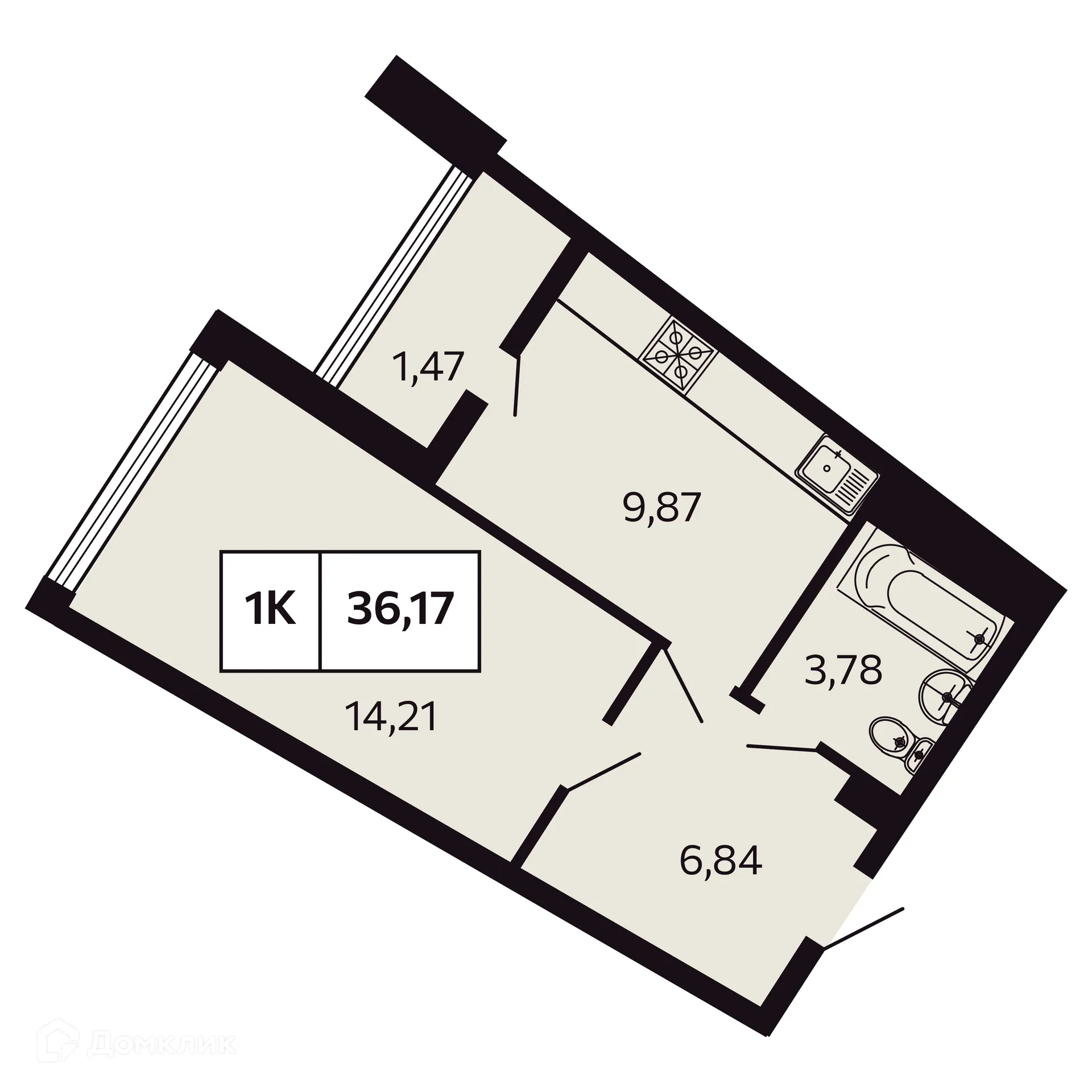 Планировка 1-комнатной квартиры 36.17 м² в ЖК Отражение, г. Сочи — фото 1