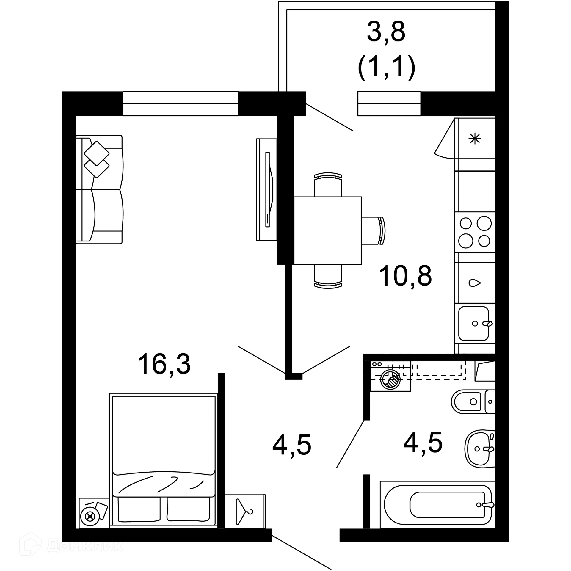 Планировка 1-комнатной квартиры 37.2 м² в ЖК Лестория, г. Сочи — фото 1