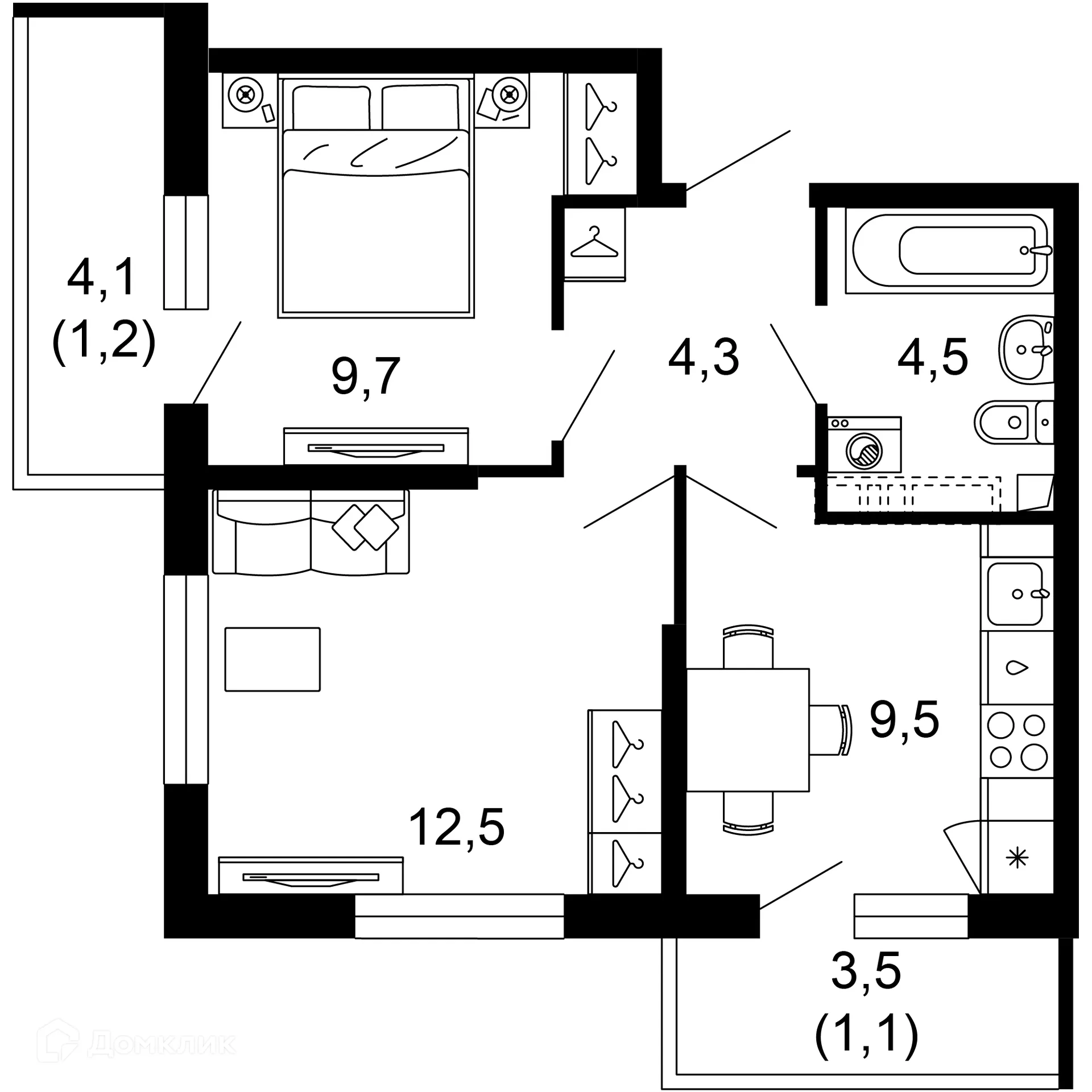 Планировка 2-комнатной квартиры 42.8 м² в ЖК Лестория, г. Сочи — фото 1