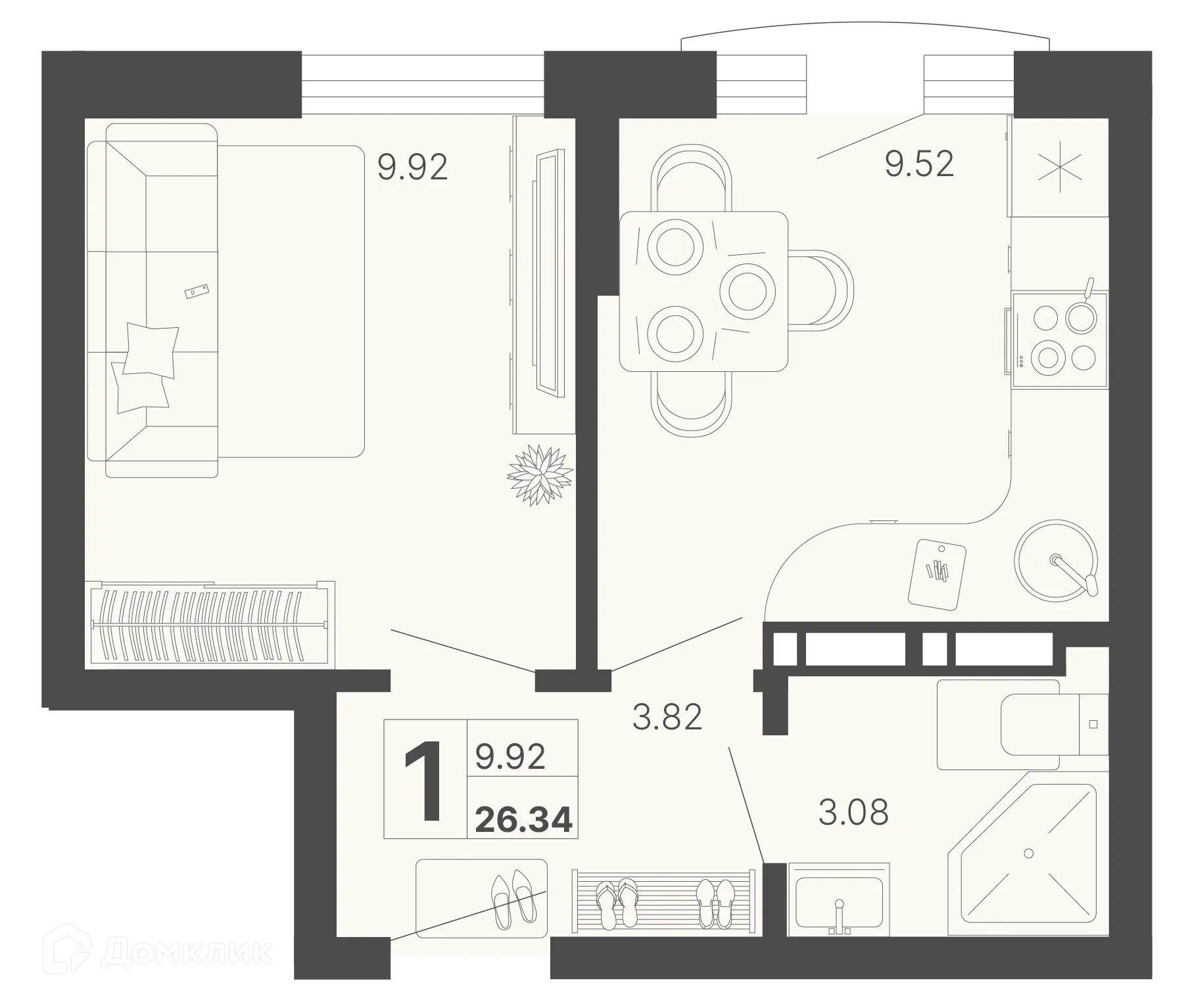 Планировка 1-комнатной квартиры 26.34 м² в ЖК Светский лес, г. Сочи — фото 1