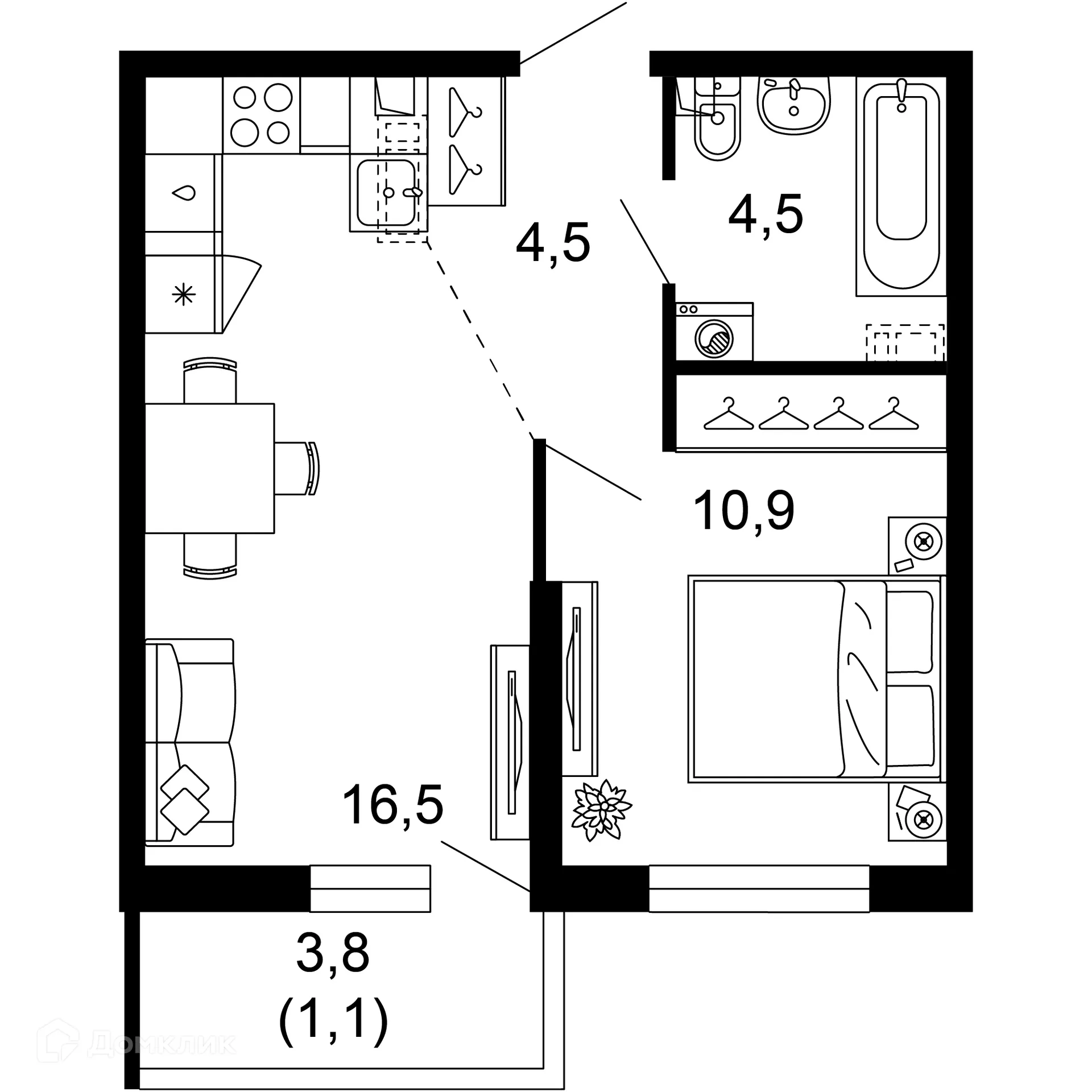 Планировка 1-комнатной квартиры 37.5 м² в ЖК Лестория, г. Сочи — фото 1