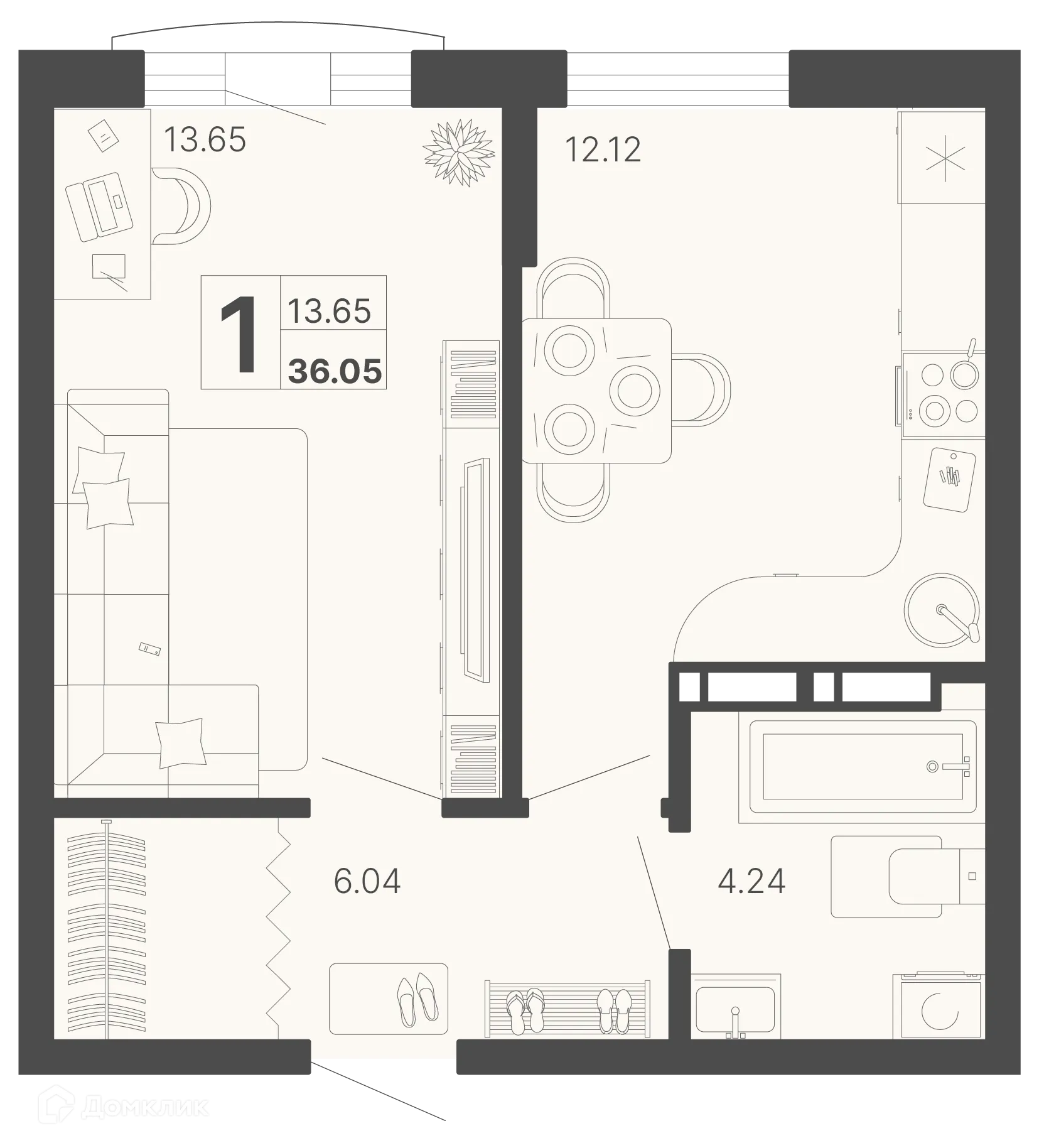 Планировка 1-комнатной квартиры 36.05 м² в ЖК Светский лес, г. Сочи — фото 1