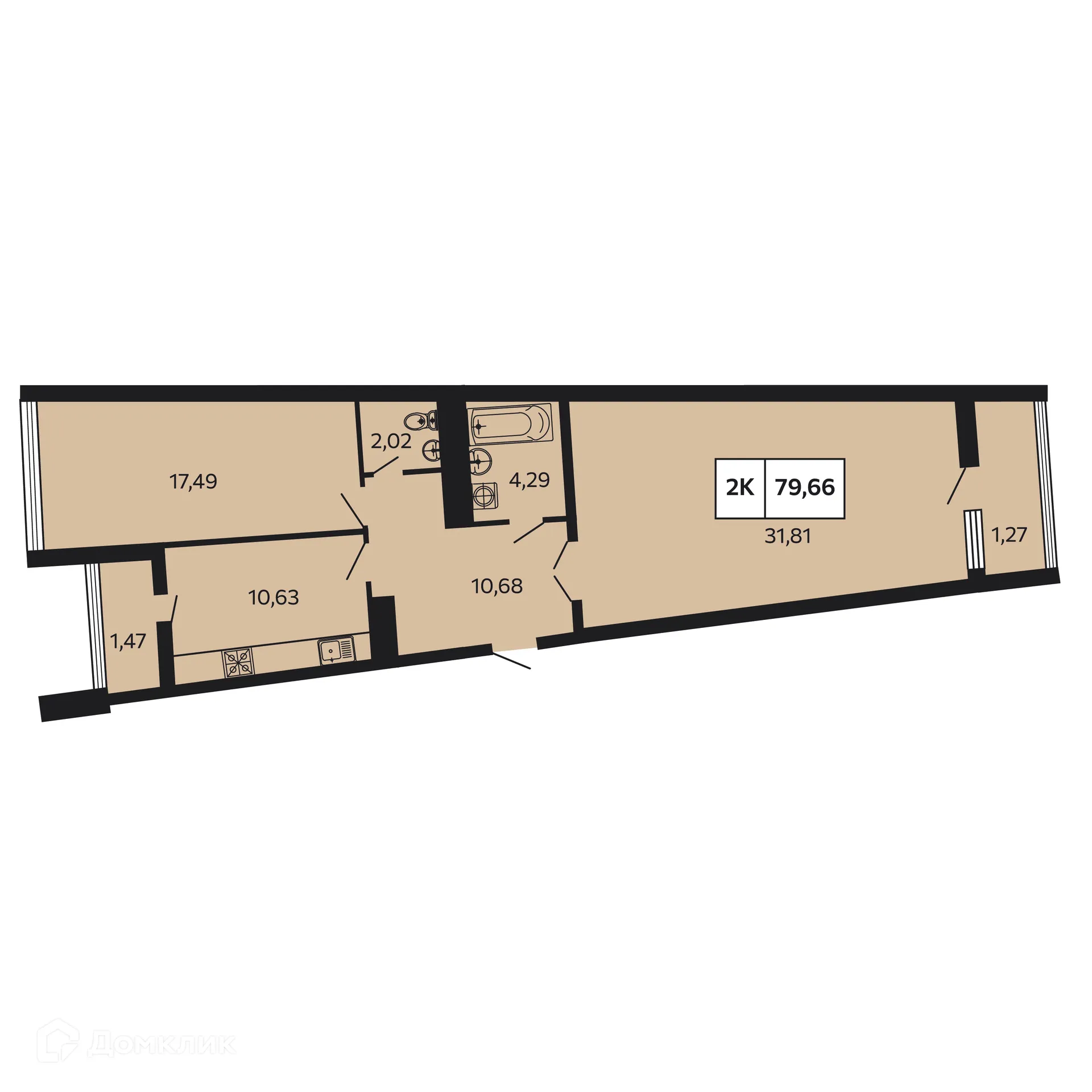 Планировка 2-комнатной квартиры 79.66 м² в ЖК Отражение, г. Сочи — фото 1