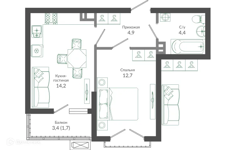 Планировка 1-комнатной квартиры 38.3 м² в ЖК ФЛОРА, г. Сочи — фото 1