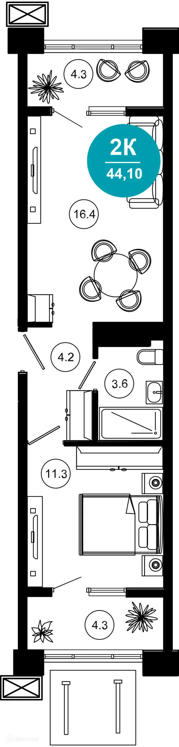 Планировка 1-комнатной квартиры 44.1 м² в ЖК Гостиничный комплекс "Нескучный сад", г. Сочи — фото 1