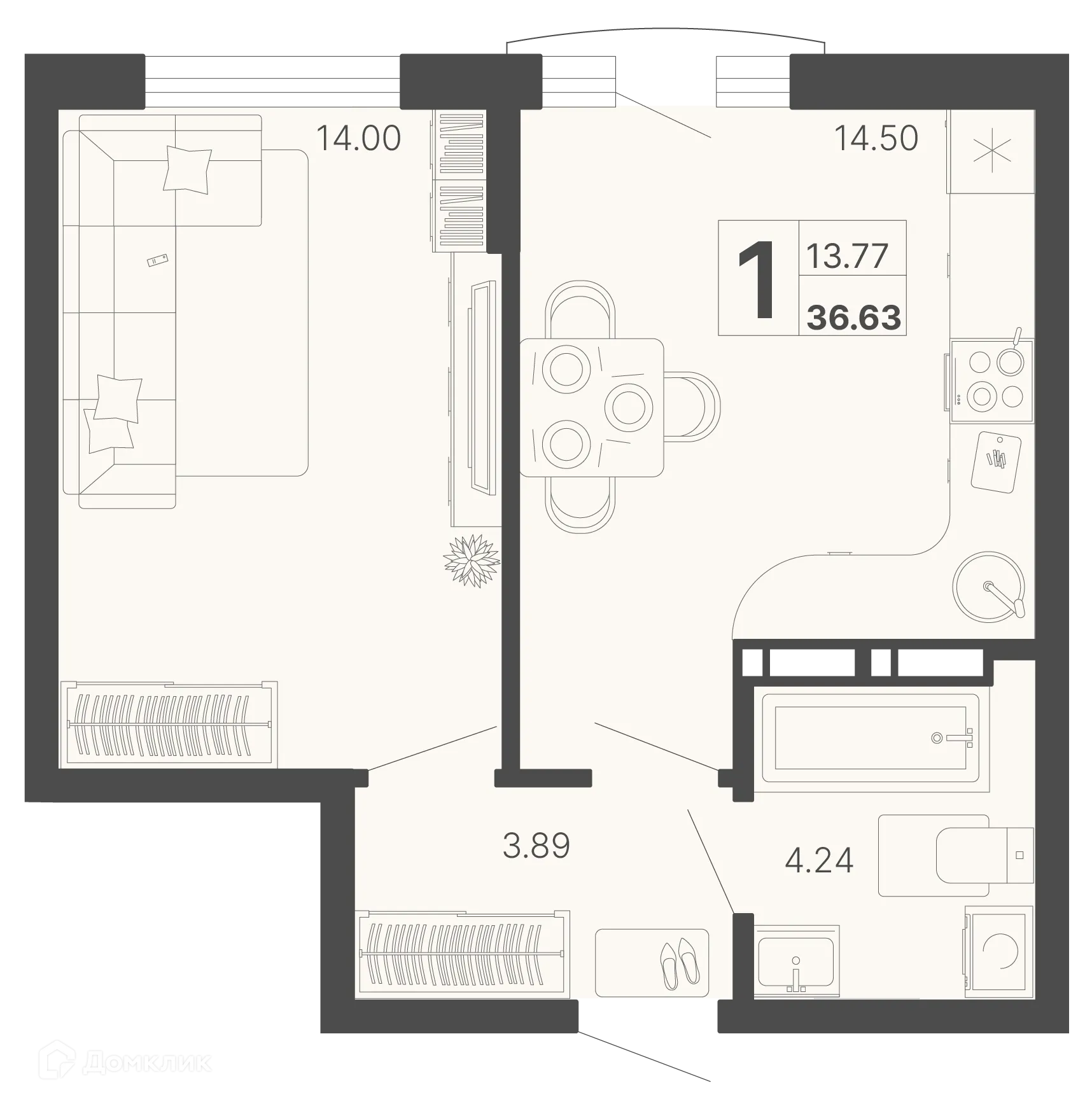 Планировка 1-комнатной квартиры 36.63 м² в ЖК Светский лес, г. Сочи — фото 1