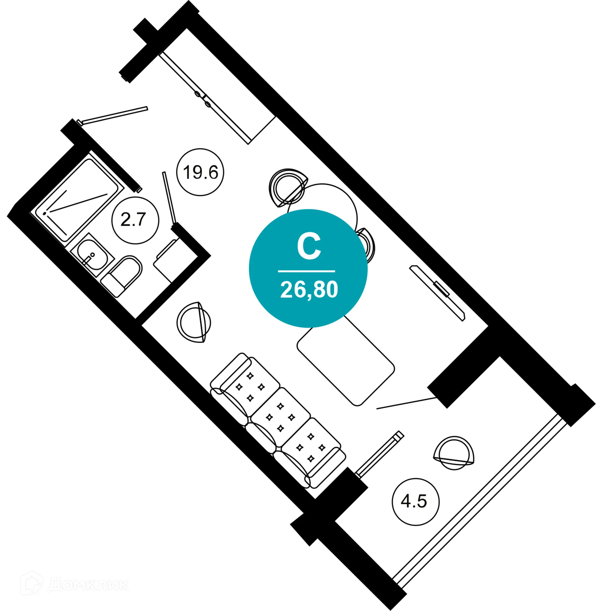 Планировка 1-комнатной квартиры 26.8 м² в ЖК Гостиничный комплекс "Нескучный сад", г. Сочи — фото 1