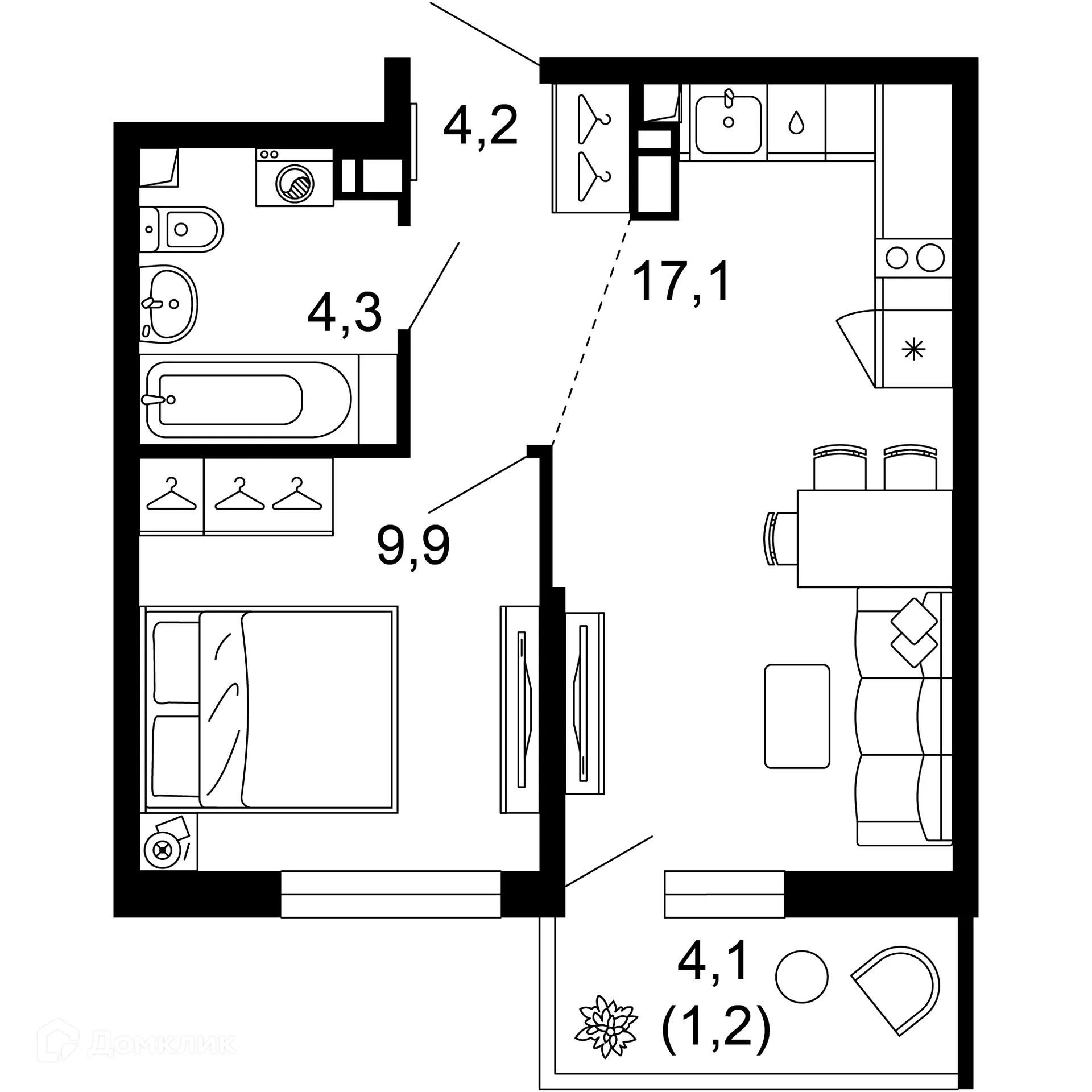 Планировка 1-комнатной квартиры 36.7 м² в ЖК ФЛОРА, г. Сочи — фото 1