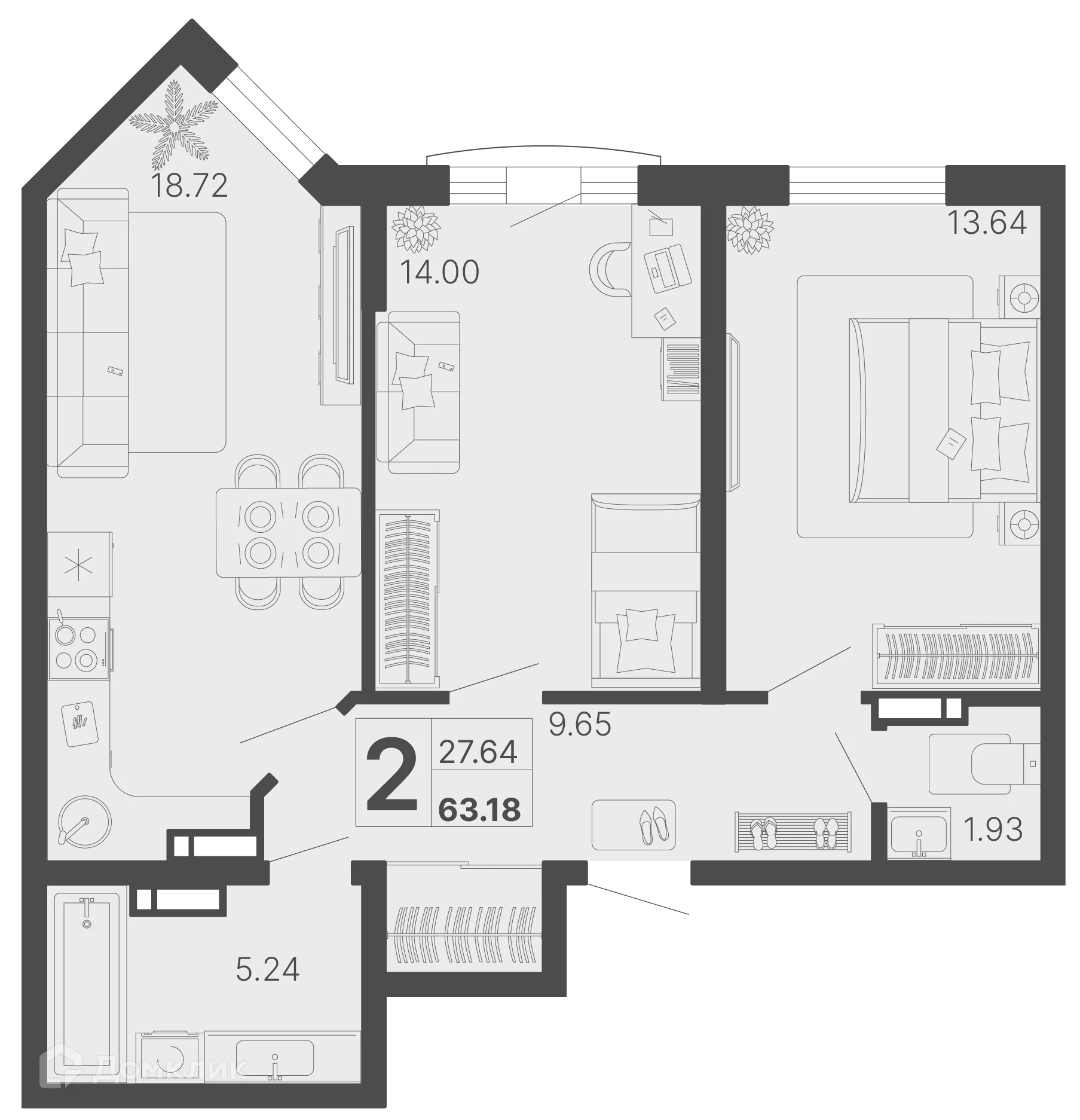 Планировка 2-комнатной квартиры 63.18 м² в ЖК Светский лес, г. Сочи — фото 1