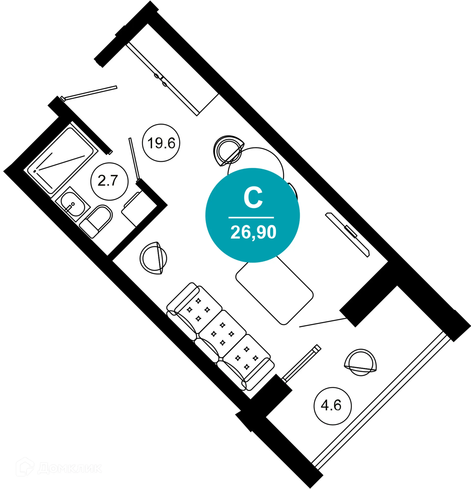 Планировка 1-комнатной квартиры 26.9 м² в ЖК Гостиничный комплекс "Нескучный сад", г. Сочи — фото 1
