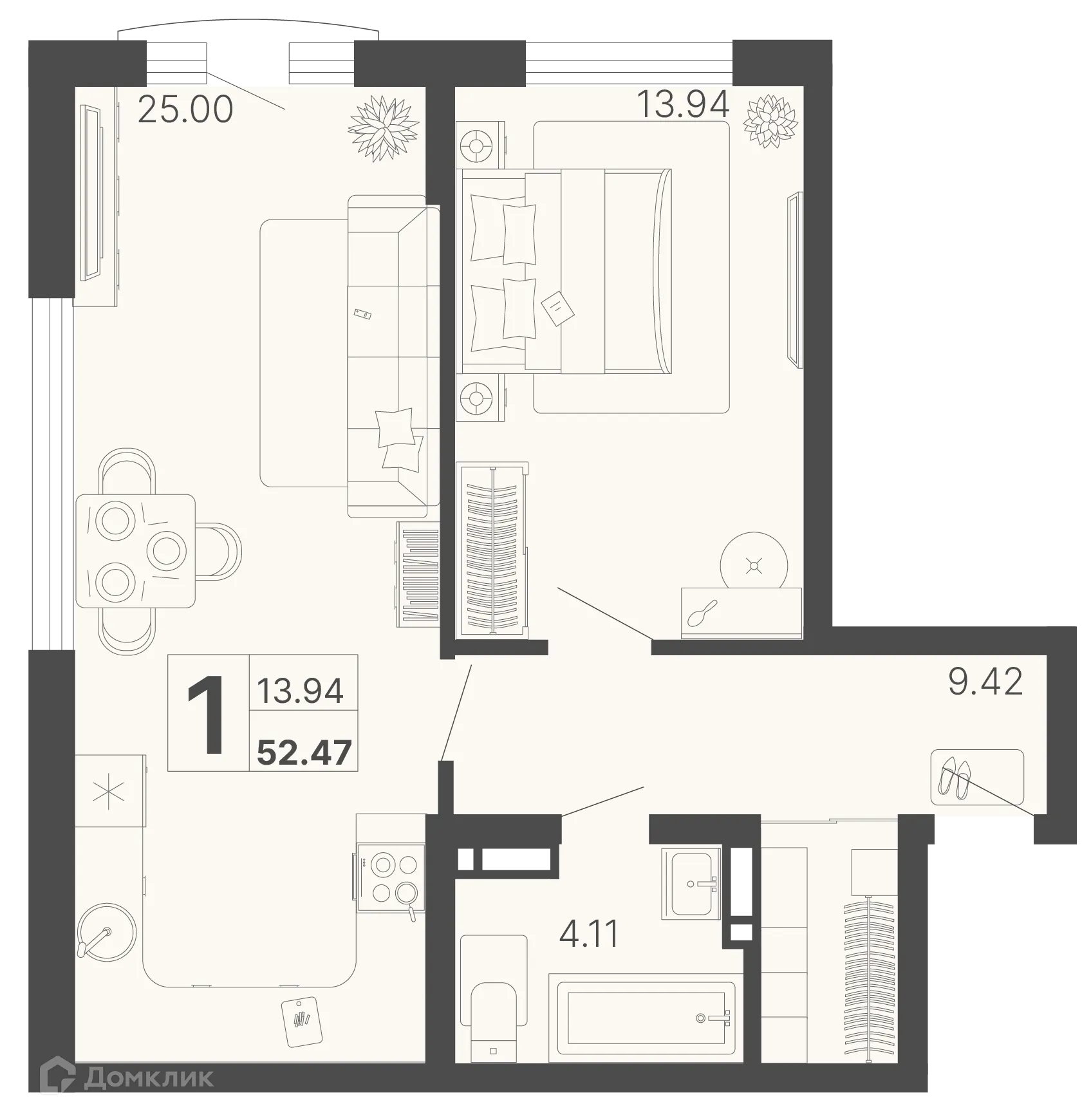 Планировка 1-комнатной квартиры 52.47 м² в ЖК Светский лес, г. Сочи — фото 1