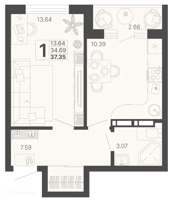 Планировка 1 комн. в ЖК Светский лес