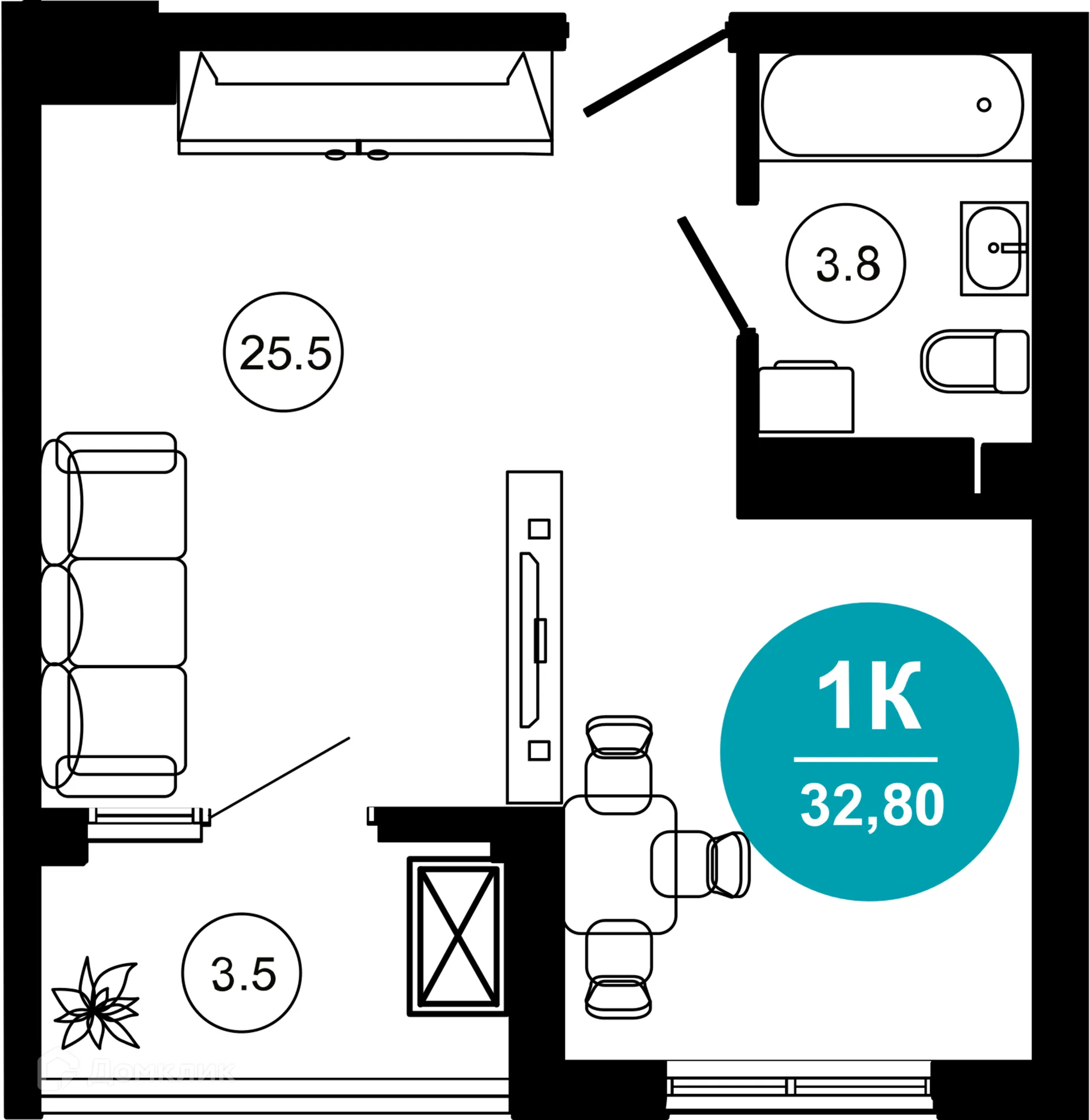 Планировка 1-комнатной квартиры 32.8 м² в ЖК Гостиничный комплекс "Нескучный сад", г. Сочи — фото 1