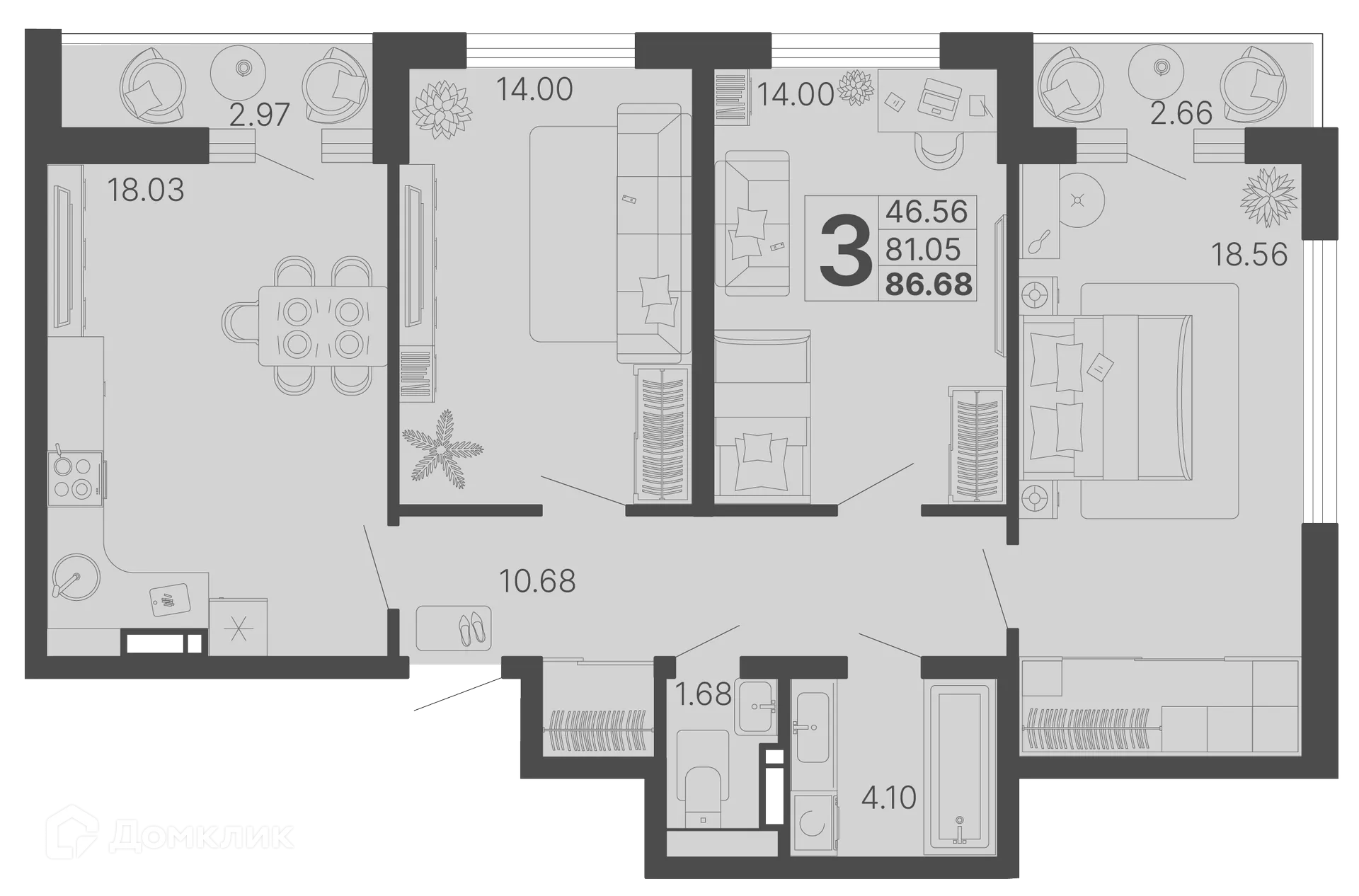 Планировка 3-комнатной квартиры 83.87 м² в ЖК Светский лес, г. Сочи — фото 1