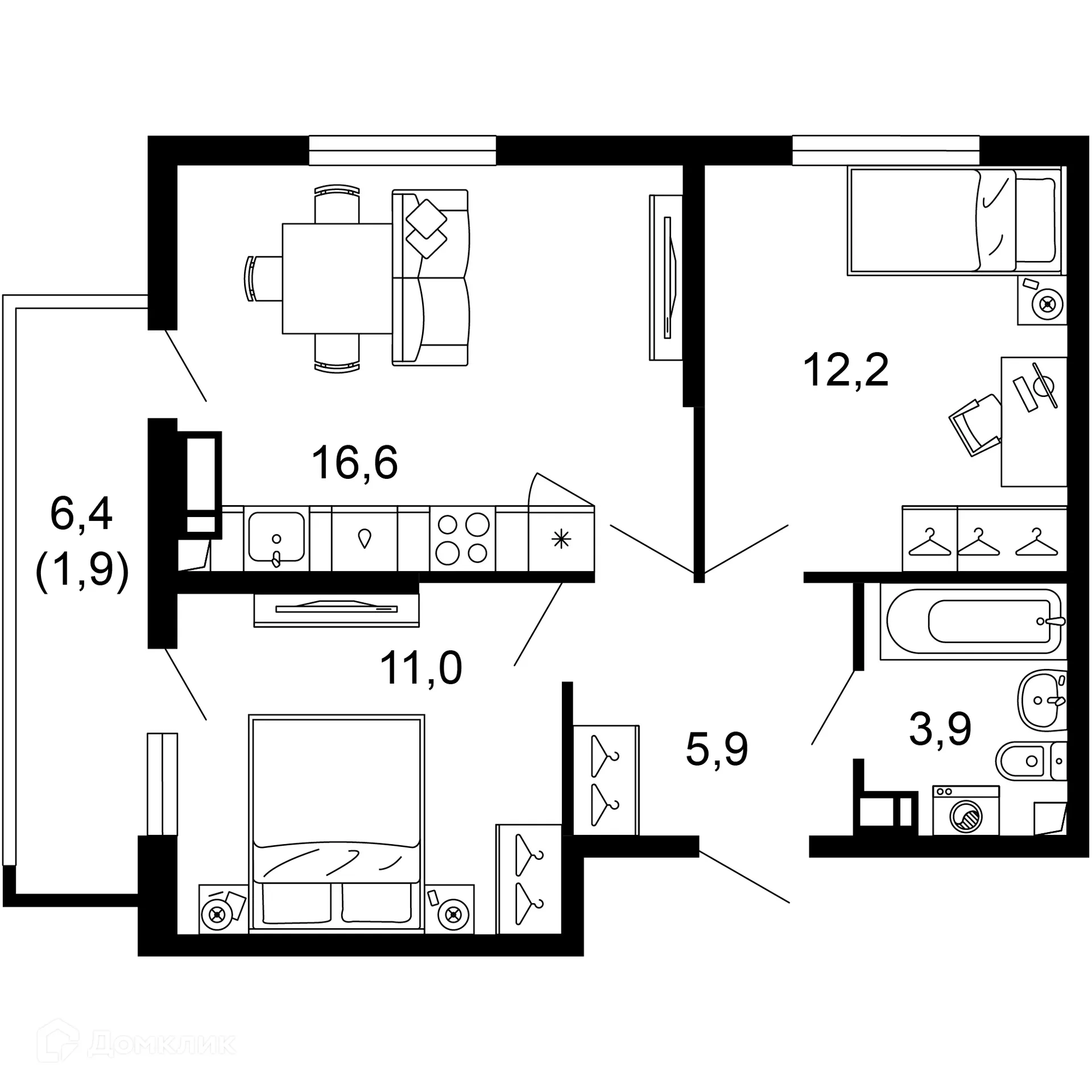 Планировка 2-комнатной квартиры 51.5 м² в ЖК Лестория, г. Сочи — фото 1
