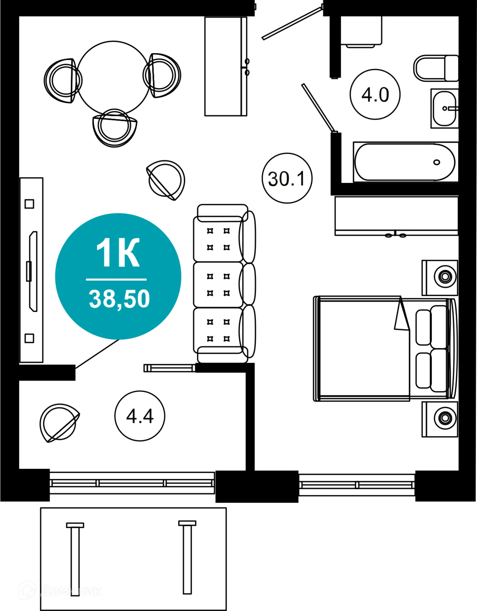Планировка 1-комнатной квартиры 38.5 м² в ЖК Гостиничный комплекс "Нескучный сад", г. Сочи — фото 1