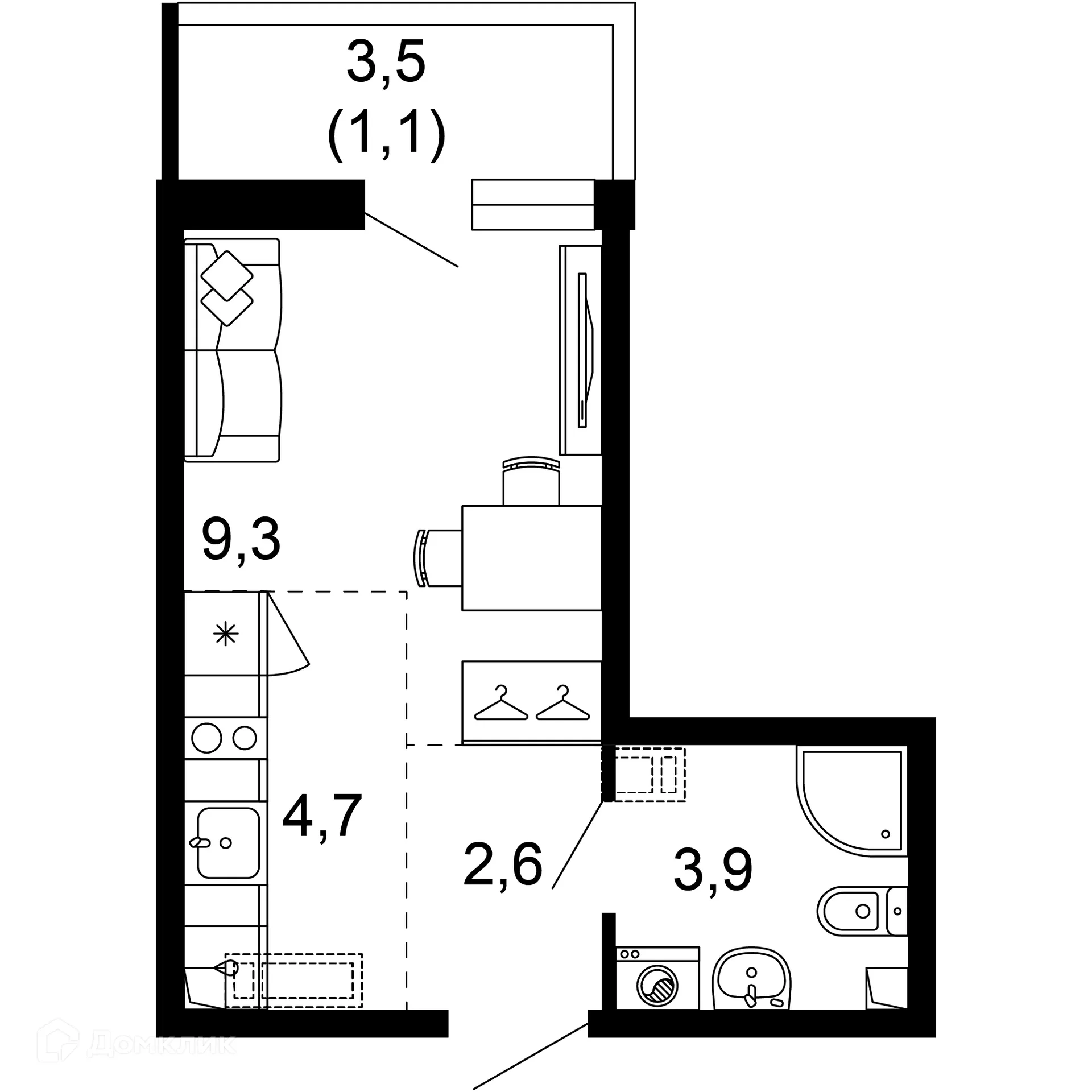 Планировка 1-комнатной квартиры 21.6 м² в ЖК Лестория, г. Сочи — фото 1