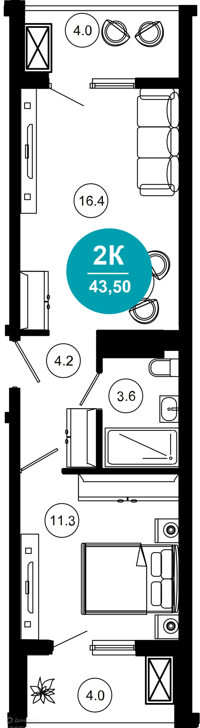 Планировка 2-комнатной квартиры 43.5 м² в ЖК Гостиничный комплекс "Нескучный сад", г. Сочи — фото 1