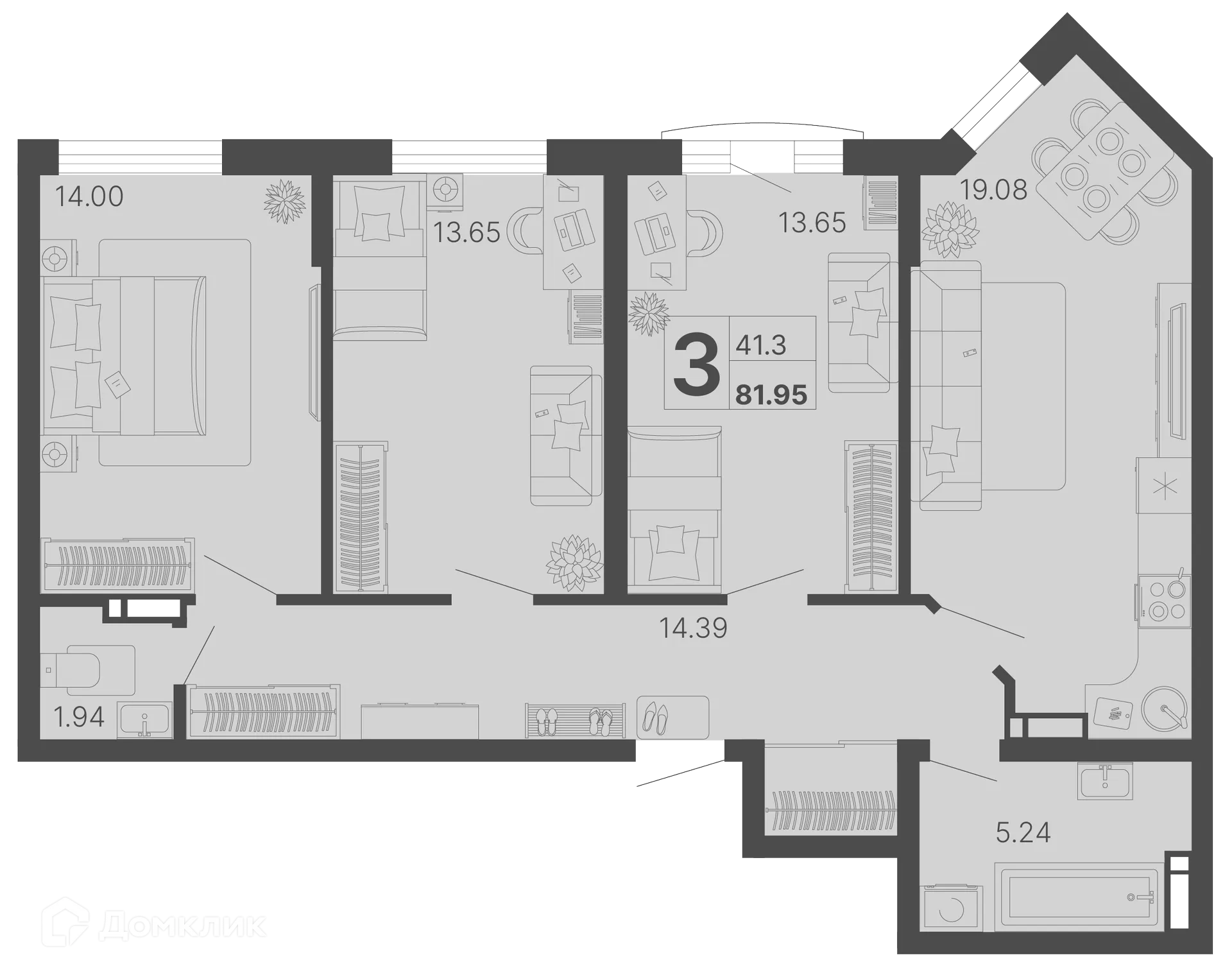 Планировка 3-комнатной квартиры 81.95 м² в ЖК Светский лес, г. Сочи — фото 1