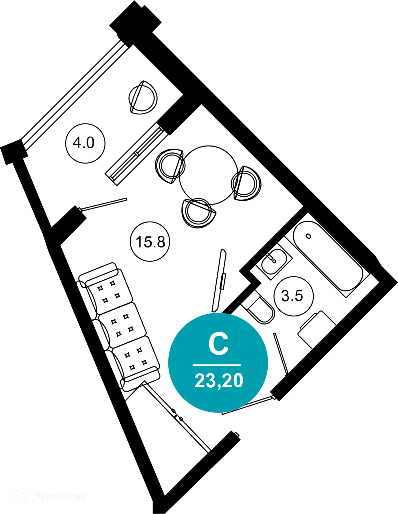 Планировка 1-комнатной квартиры 23.2 м² в ЖК Гостиничный комплекс "Нескучный сад", г. Сочи — фото 1