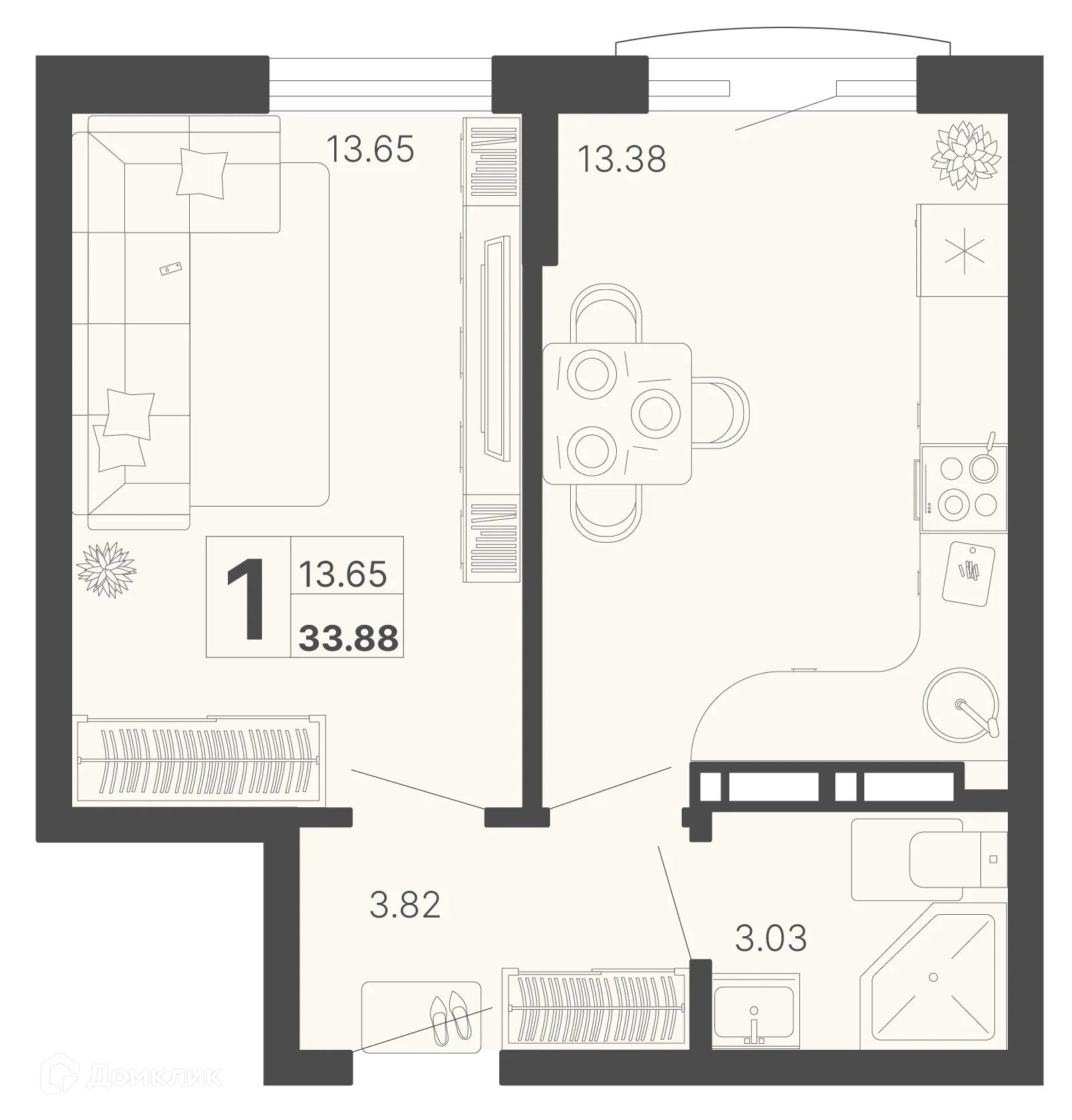 Планировка 1-комнатной квартиры 33.88 м² в ЖК Светский лес, г. Сочи — фото 1