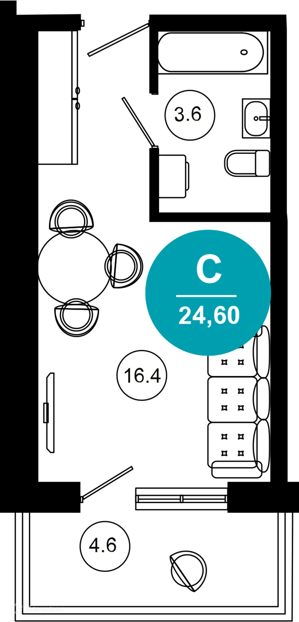 Планировка 1-комнатной квартиры 24.6 м² в ЖК Гостиничный комплекс "Нескучный сад", г. Сочи — фото 1