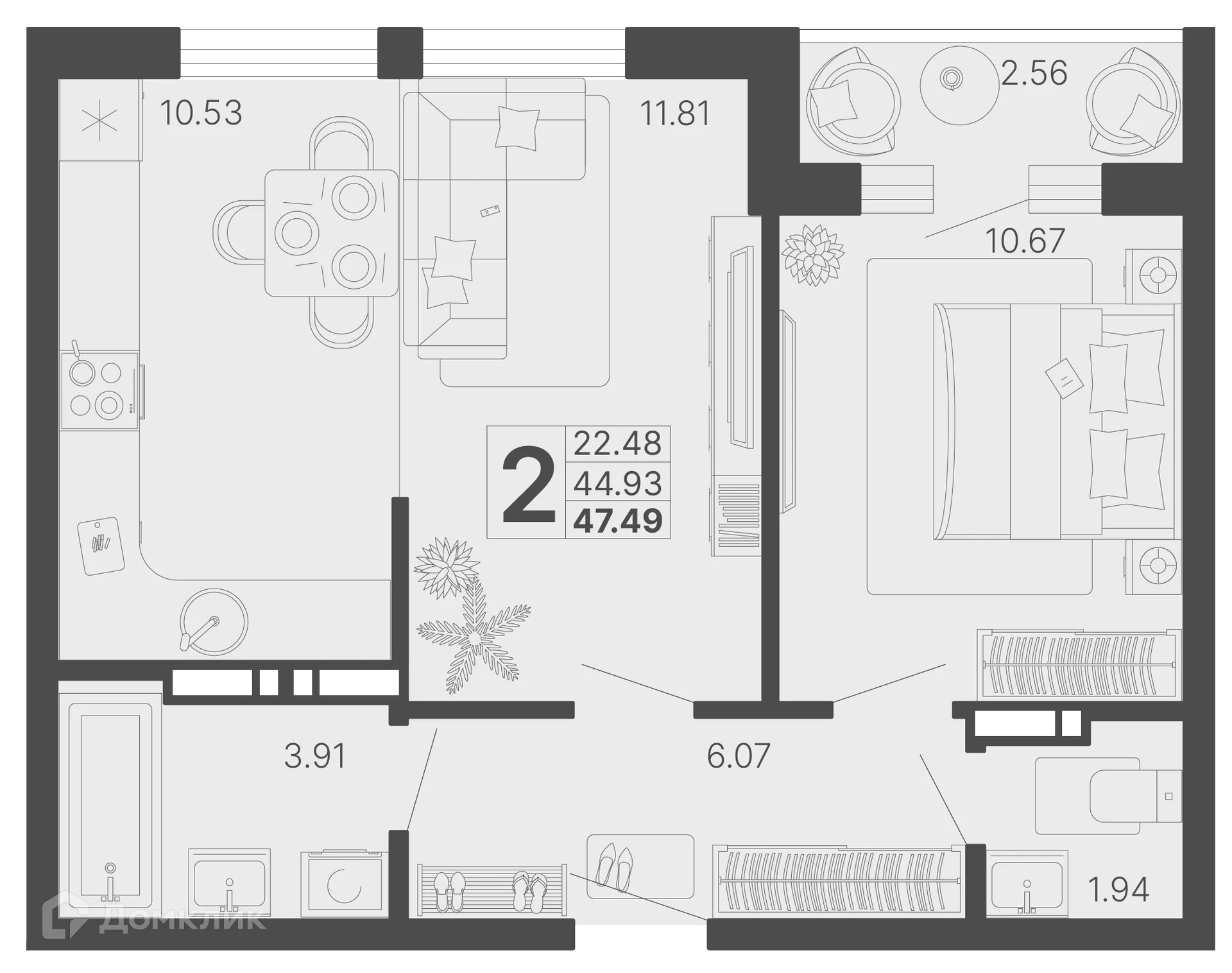 Планировка 2-комнатной квартиры 46.21 м² в ЖК Светский лес, г. Сочи — фото 1