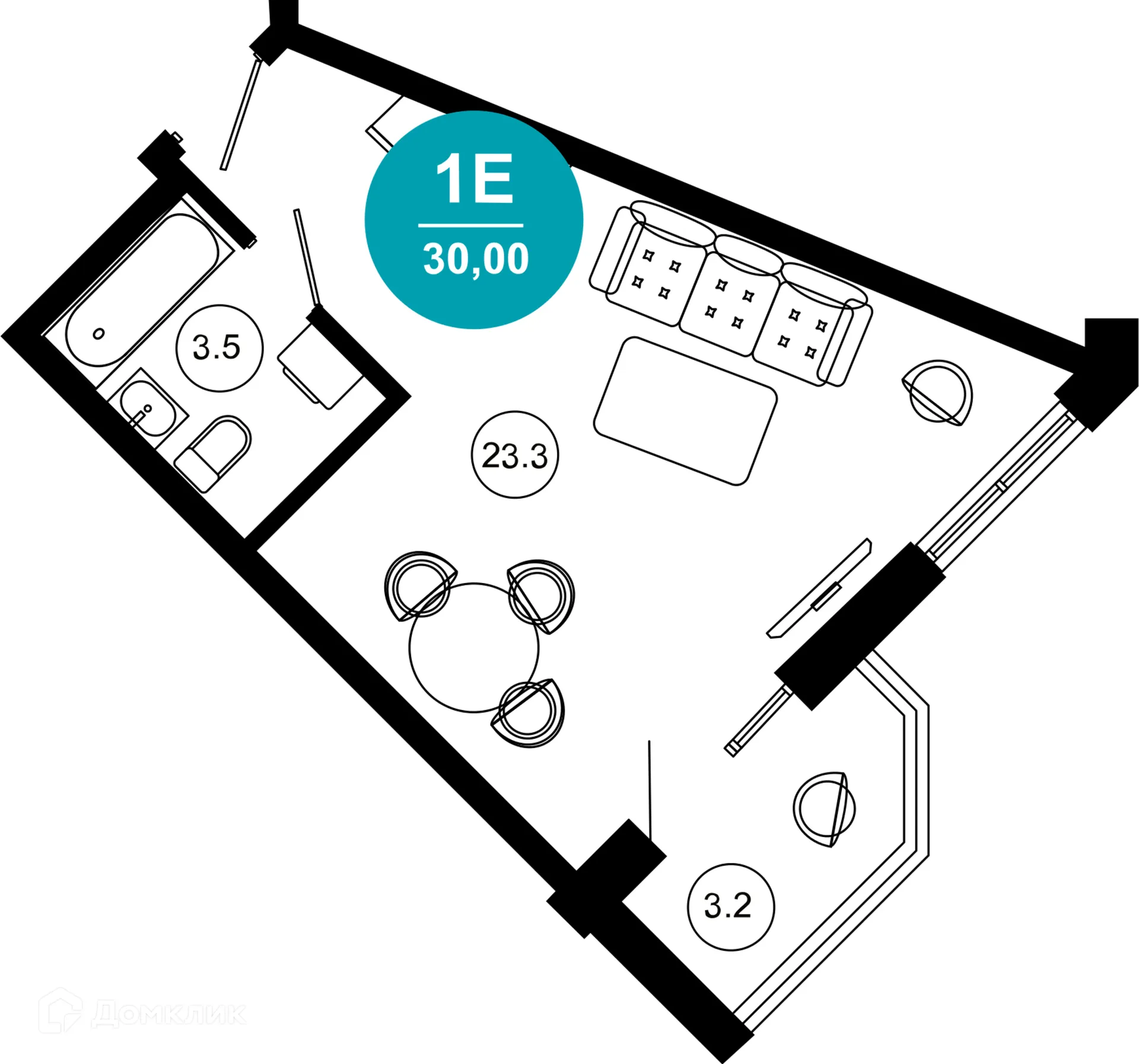 Планировка 1-комнатной квартиры 30 м² в ЖК Гостиничный комплекс "Нескучный сад", г. Сочи — фото 1