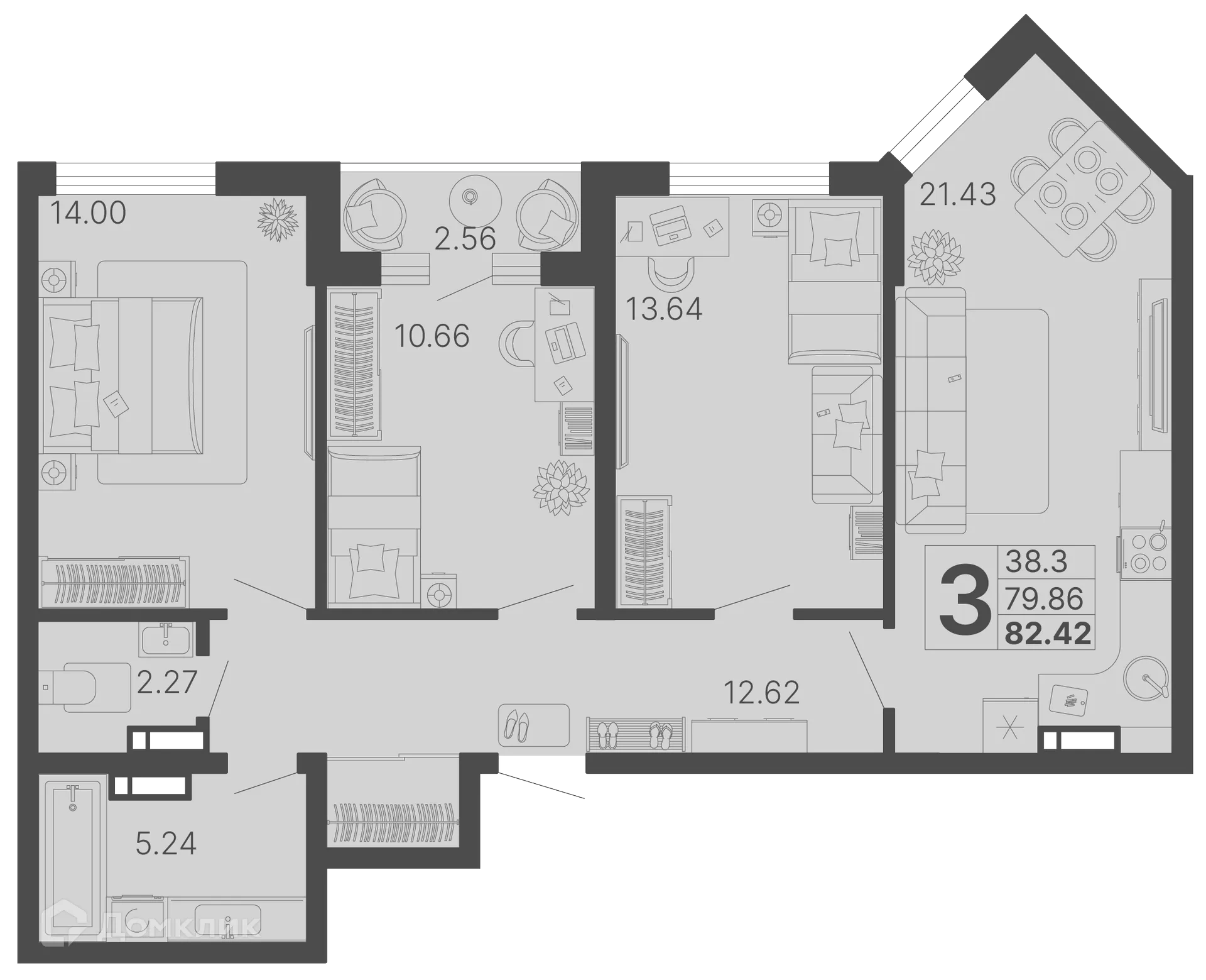 Планировка 3-комнатной квартиры 81.14 м² в ЖК Светский лес, г. Сочи — фото 1