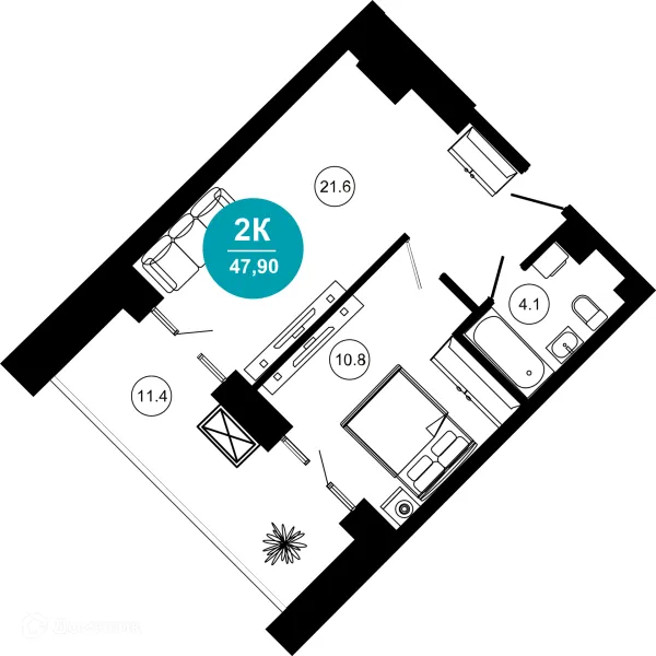 Планировка 2 комн. в ЖК Гостиничный комплекс "Нескучный сад"