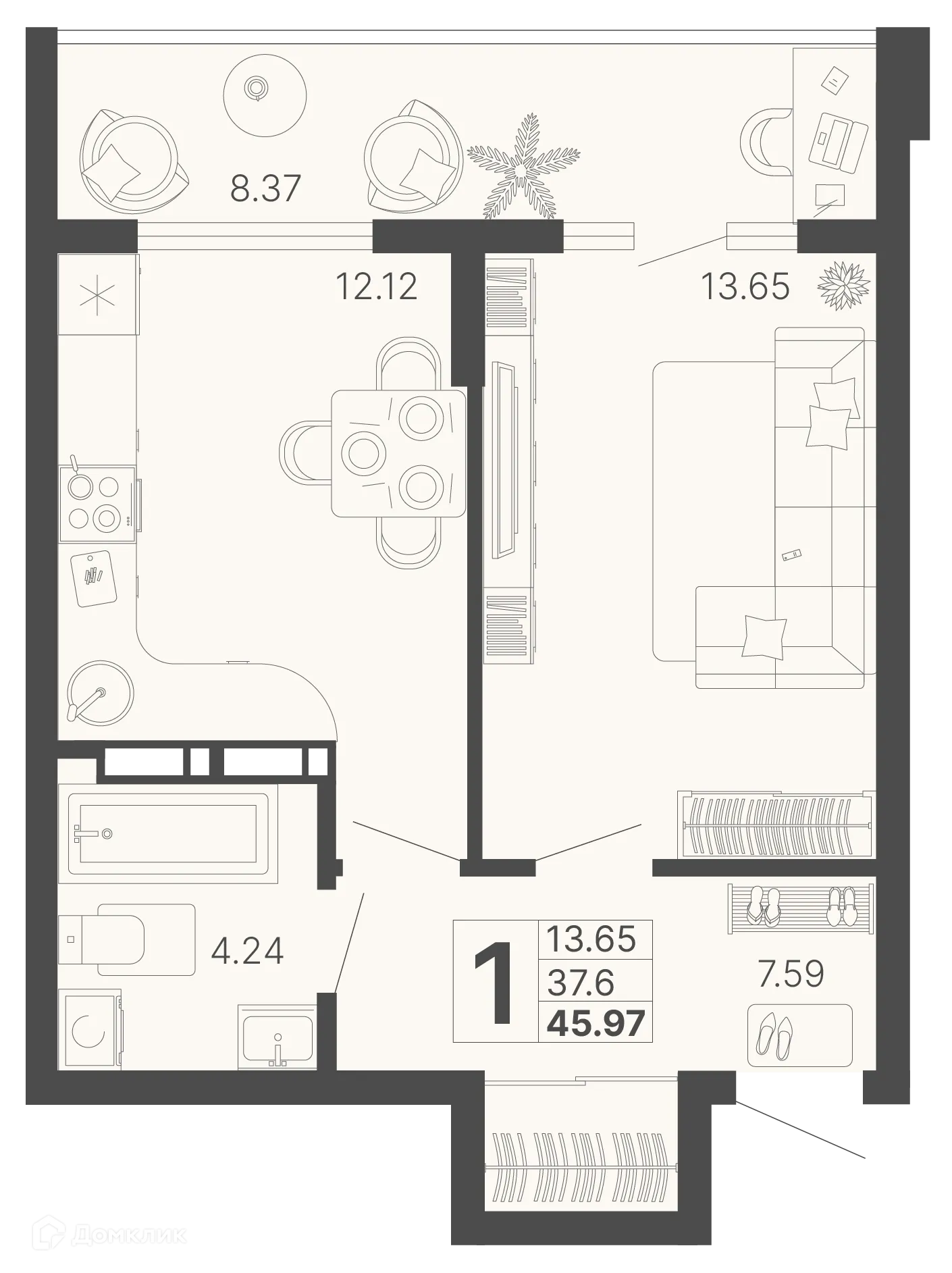 Планировка 1-комнатной квартиры 41.79 м² в ЖК Светский лес, г. Сочи — фото 1